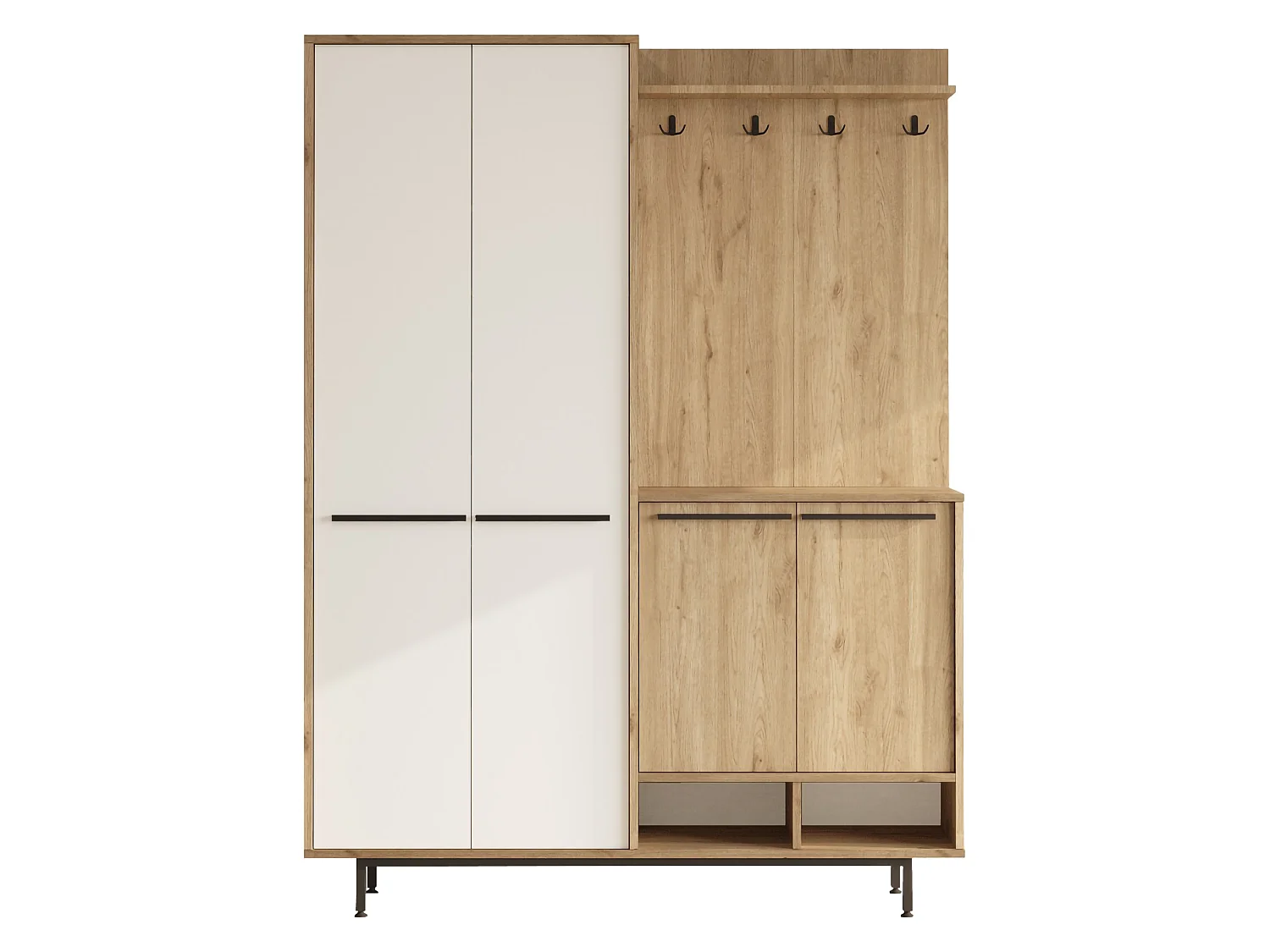 Meuble d'Entrée Tignale, Porte-manteaux, 147x36x196h cm Beige, 12 Étagères, Portes Battantes