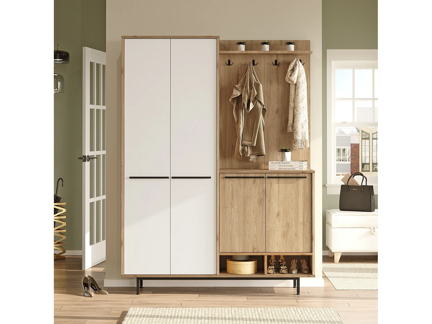 Meuble d'Entrée Tignale, Porte-manteaux, 147x36x196h cm Beige, 12 Étagères, Portes Battantes