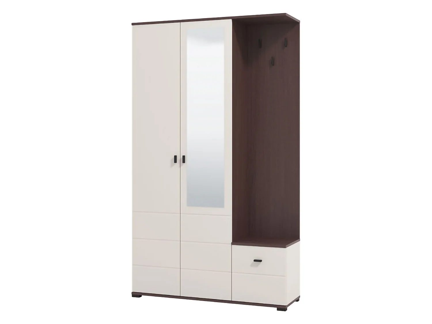 Meuble d'Entrée Raroto, Miroir Inclus, 116x35x197h cm Blanc Crème, 4 Étagères, Porte-manteaux