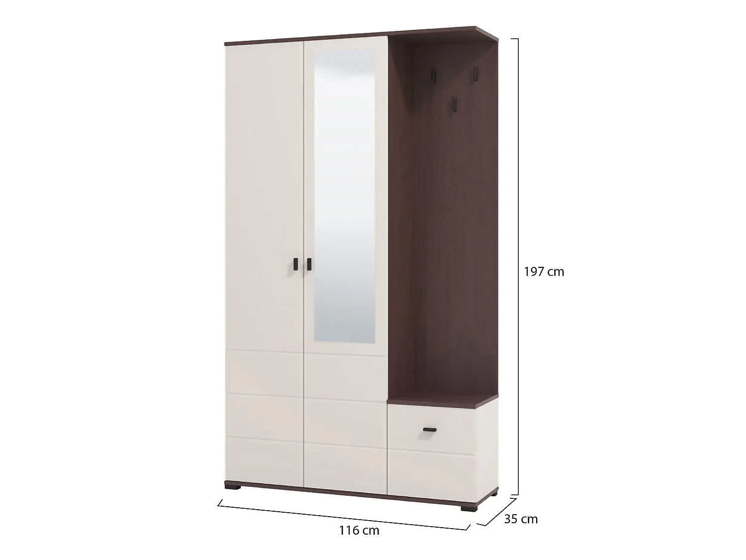 Meuble d'Entrée Raroto, Miroir Inclus, 116x35x197h cm Blanc Crème, 4 Étagères, Porte-manteaux