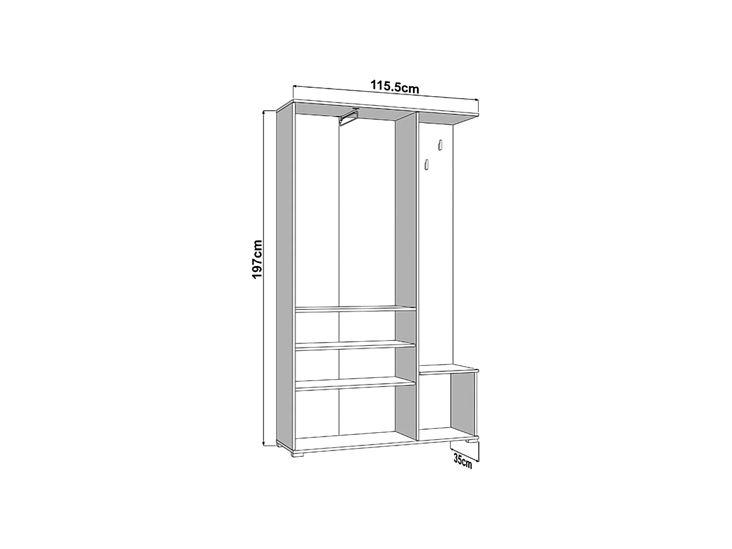 Meuble d'Entrée Raroto, Miroir Inclus, 116x35x197h cm Blanc Crème, 4 Étagères, Porte-manteaux