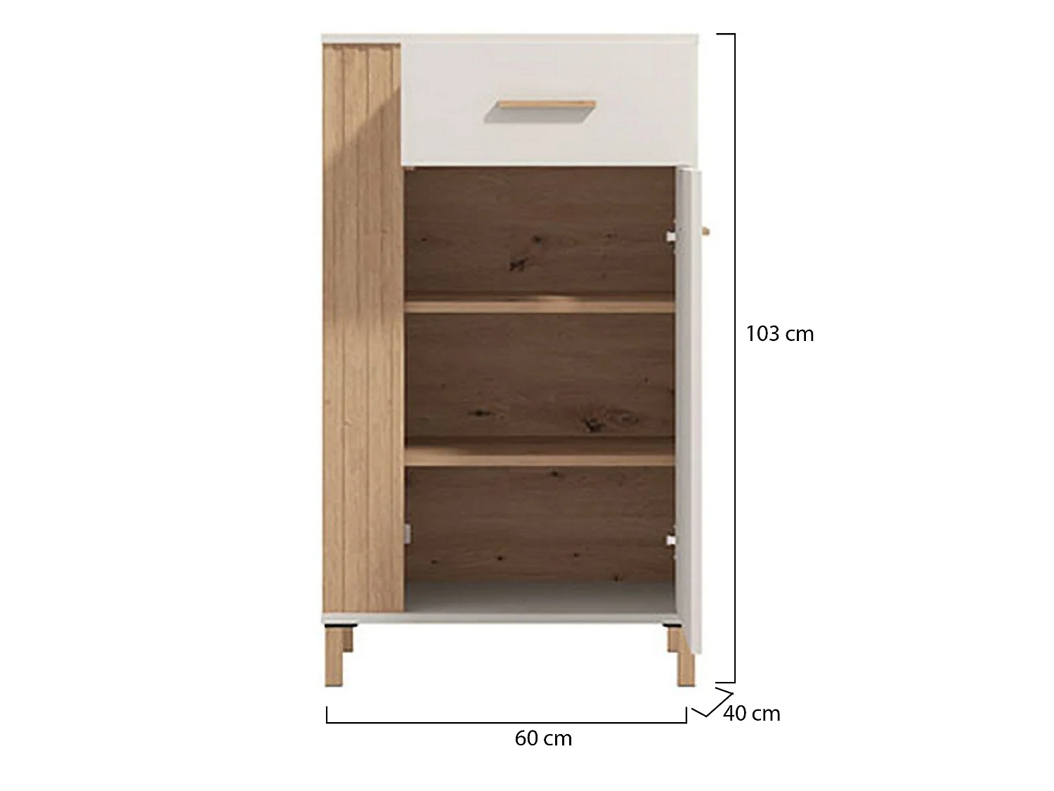 Meuble d'entrée Carducci, un tiroir, 60x40x103h cm blanc crème, 2 étagères, une porte