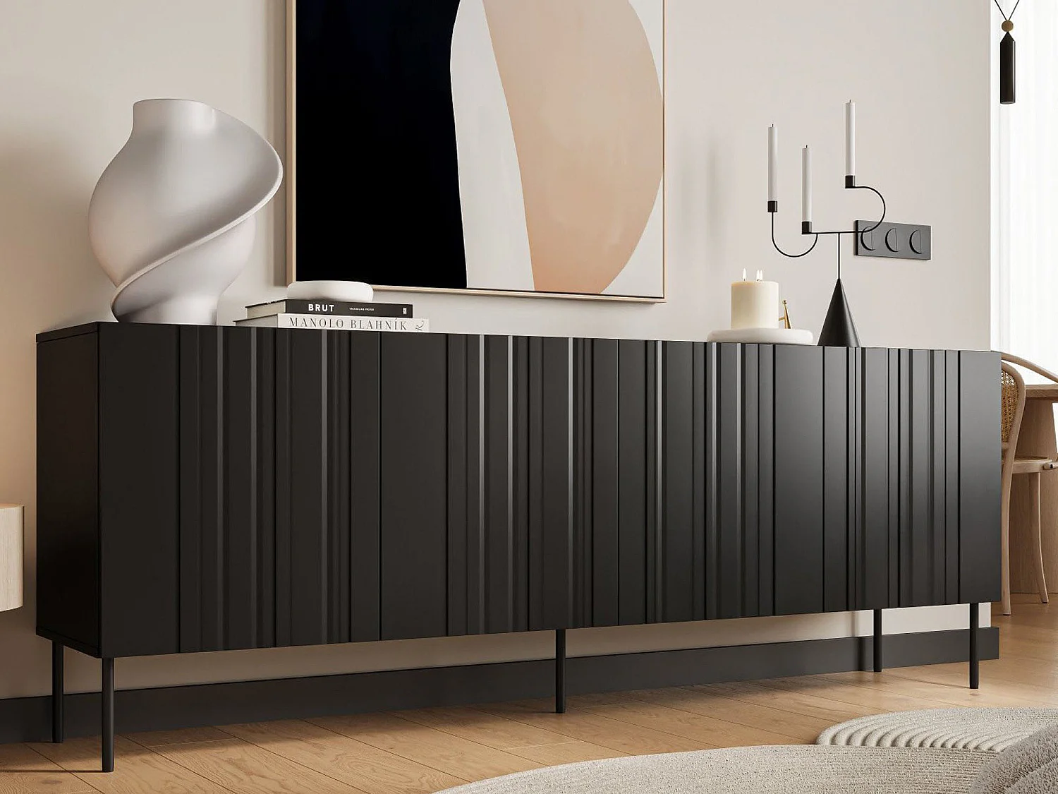 Buffet Vedras, 2 Étagères, 42x200,5x75h cm Noir, Credenza