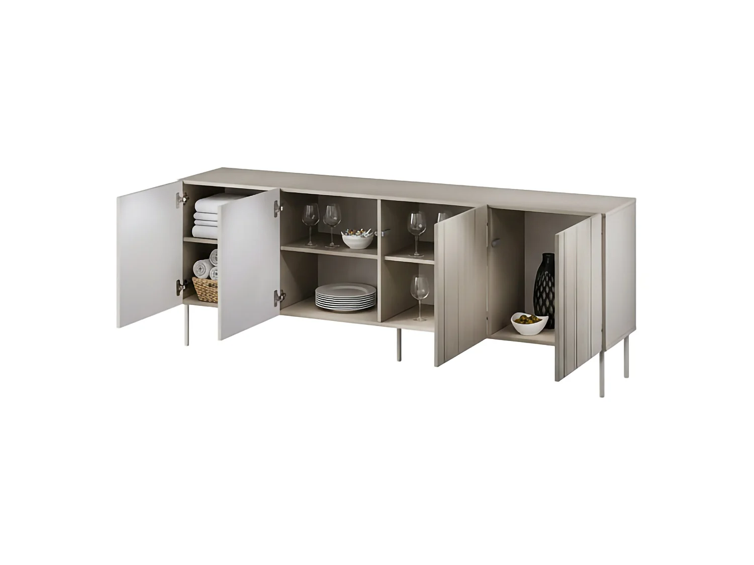Dressoir Vedras, 2 planken, 201x42x75h cm beige, 4 deuren, 6 vakken