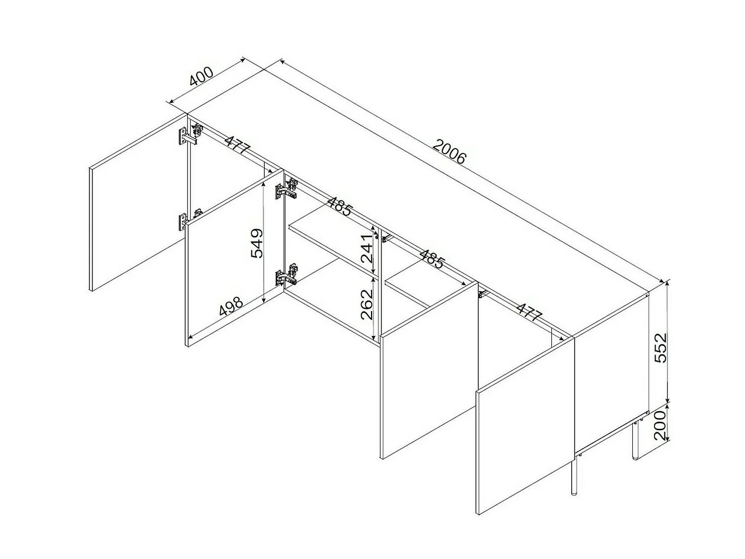 Dressoir Vedras, 2 planken, 201x42x75h cm beige, 4 deuren, 6 vakken