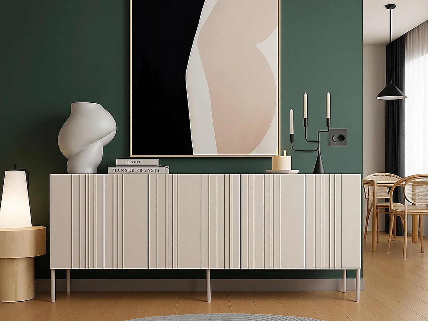 Dressoir Vedras, 2 planken, 201x42x75h cm beige, 4 deuren, 6 vakken