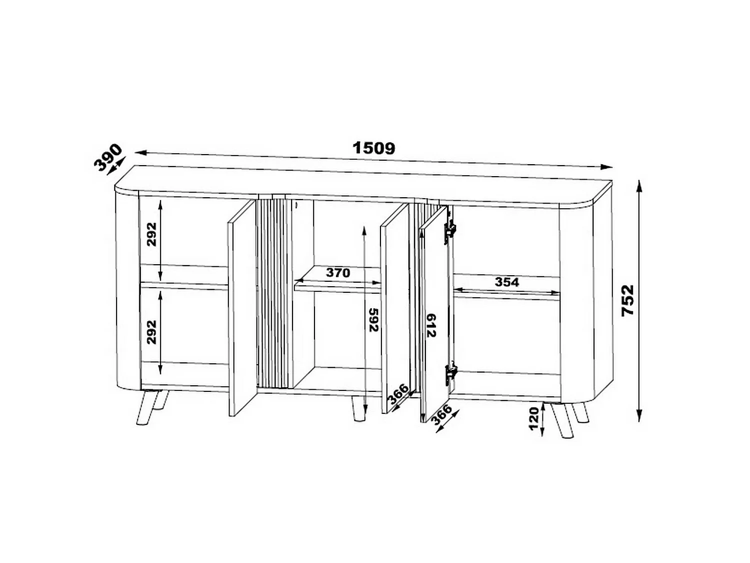 Buffet Tarouca, 3 étagères, 42x150,5x70,2h cm Noyer, Enfilade