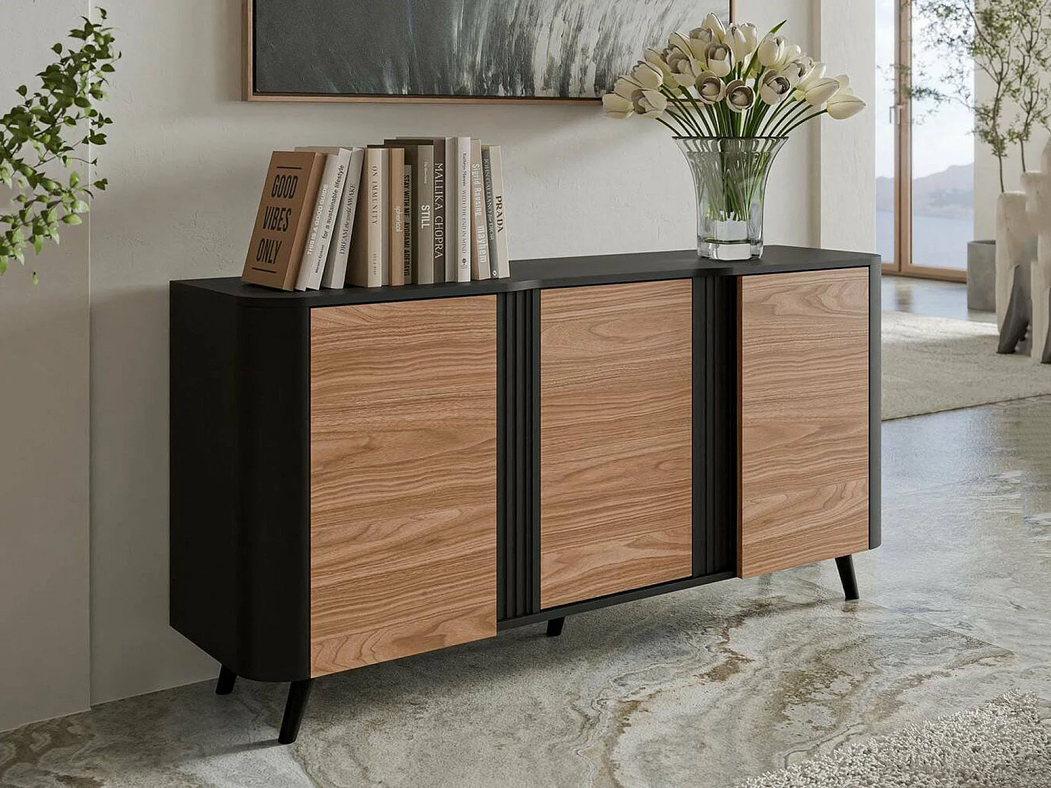 Buffet Tarouca, 3 étagères, 42x150,5x70,2h cm Noyer, Enfilade