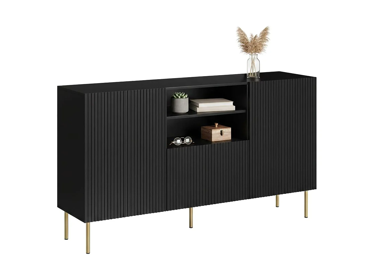 Buffet Coimbra, 4 étagères, 42x150x82h cm Noir, Enfilade