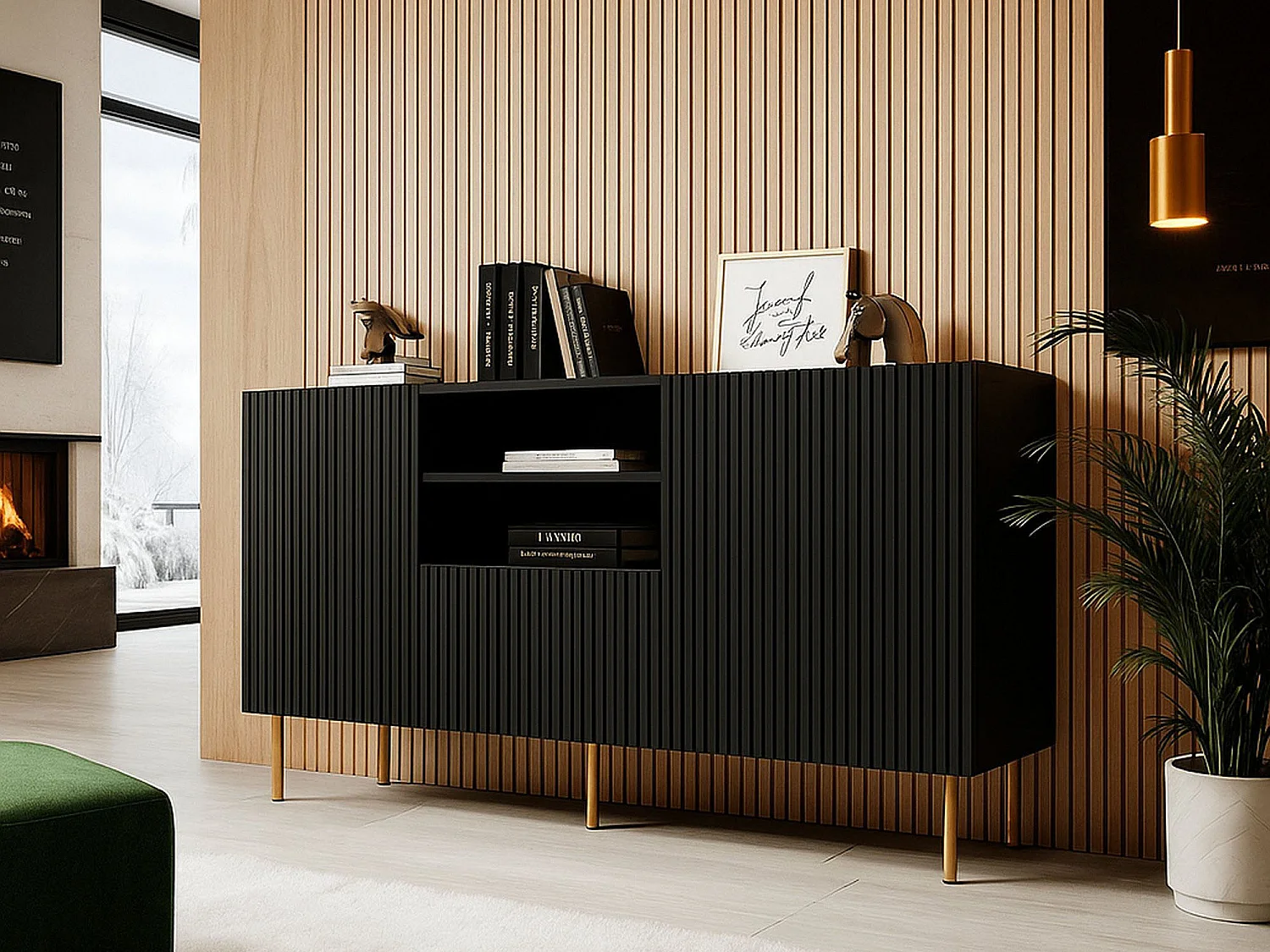 Buffet Coimbra, 4 étagères, 42x150x82h cm Noir, Enfilade