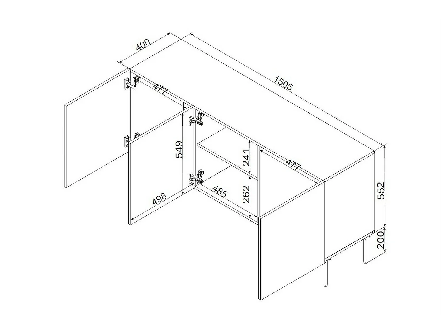 Dressoir Torres, één legplank, 151x42x75h cm beige, 3 deuren, 3 vakken