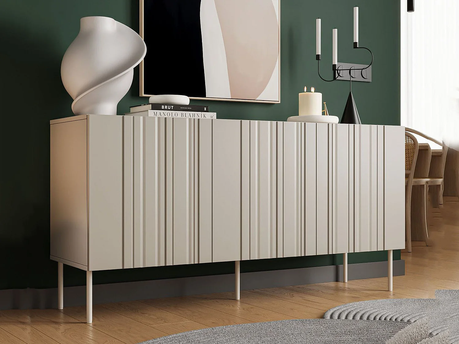 Dressoir Torres, één legplank, 151x42x75h cm beige, 3 deuren, 3 vakken
