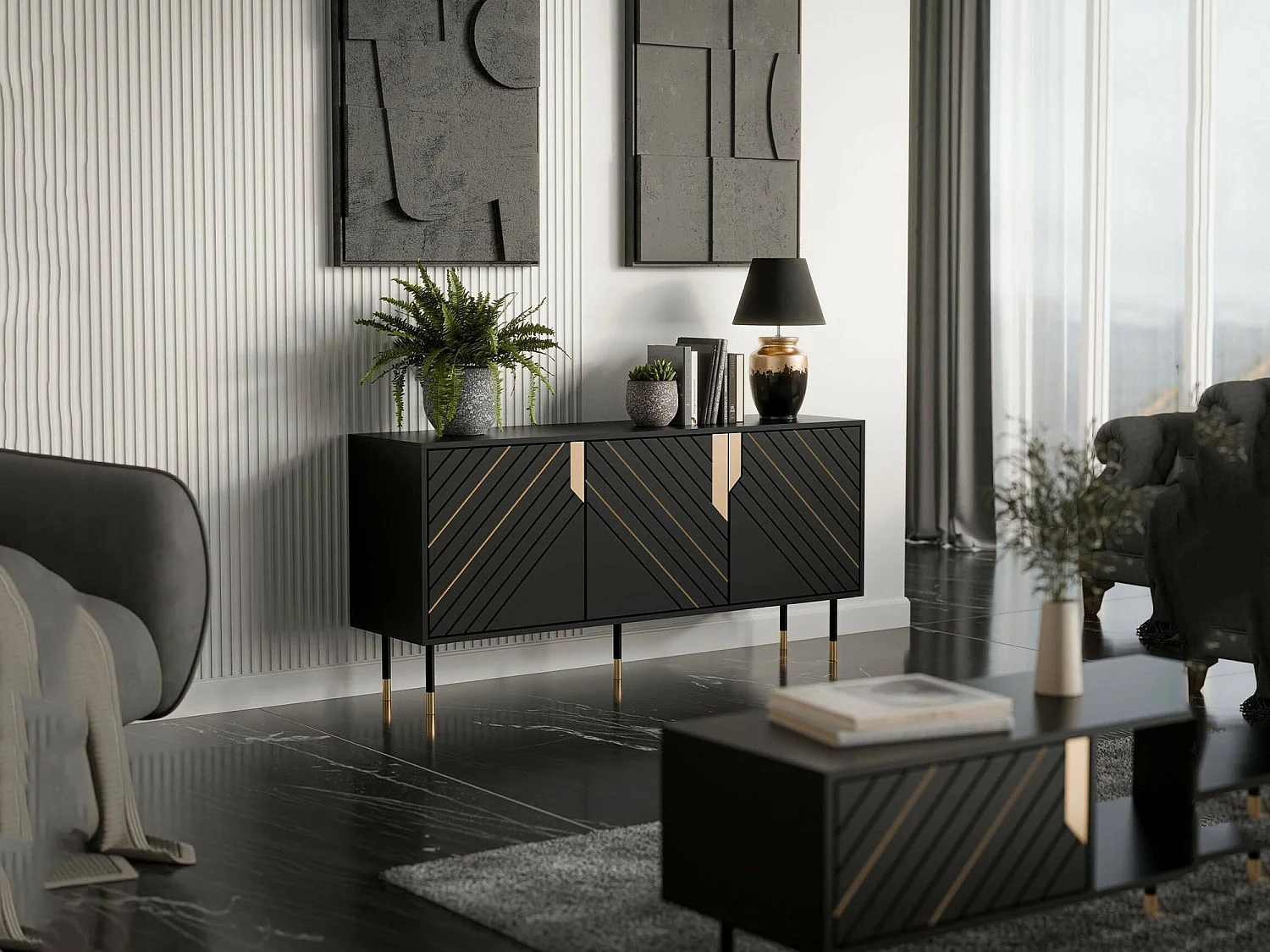 Buffet Hanté, 2 Étages, 40x154x72h cm Noir, Vaisselier