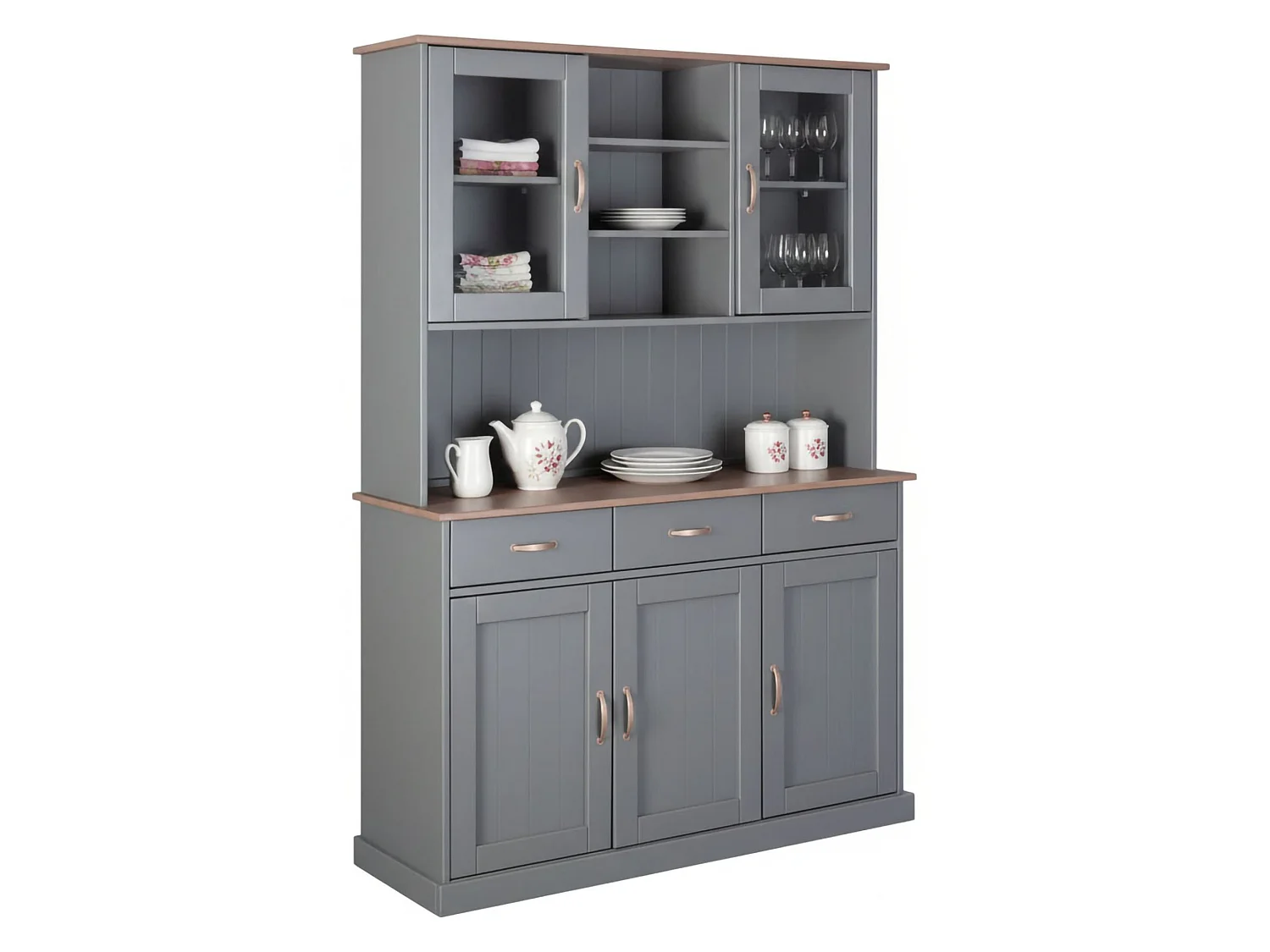 Credenza Castana, 3 Cassetti, 131x45x191h cm Grigio, Madia, 6 Ripiani, Apertura Battente, Scorrevole