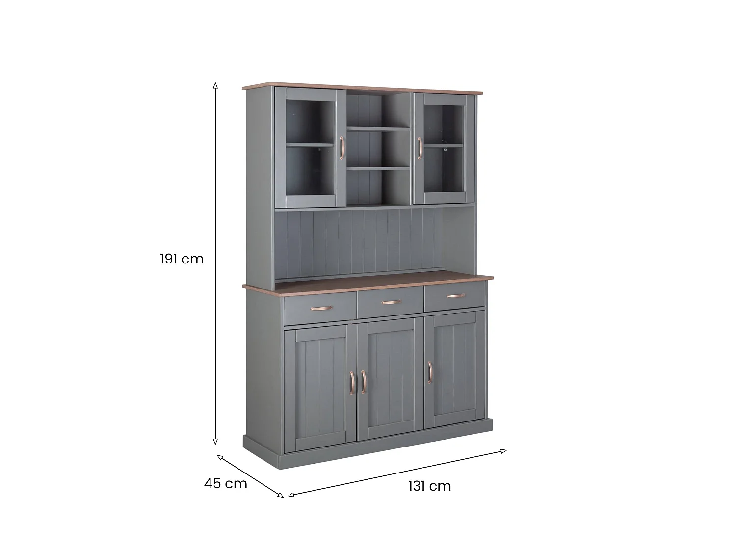 Credenza Castana, 3 Cassetti, 131x45x191h cm Grigio, Madia, 6 Ripiani, Apertura Battente, Scorrevole