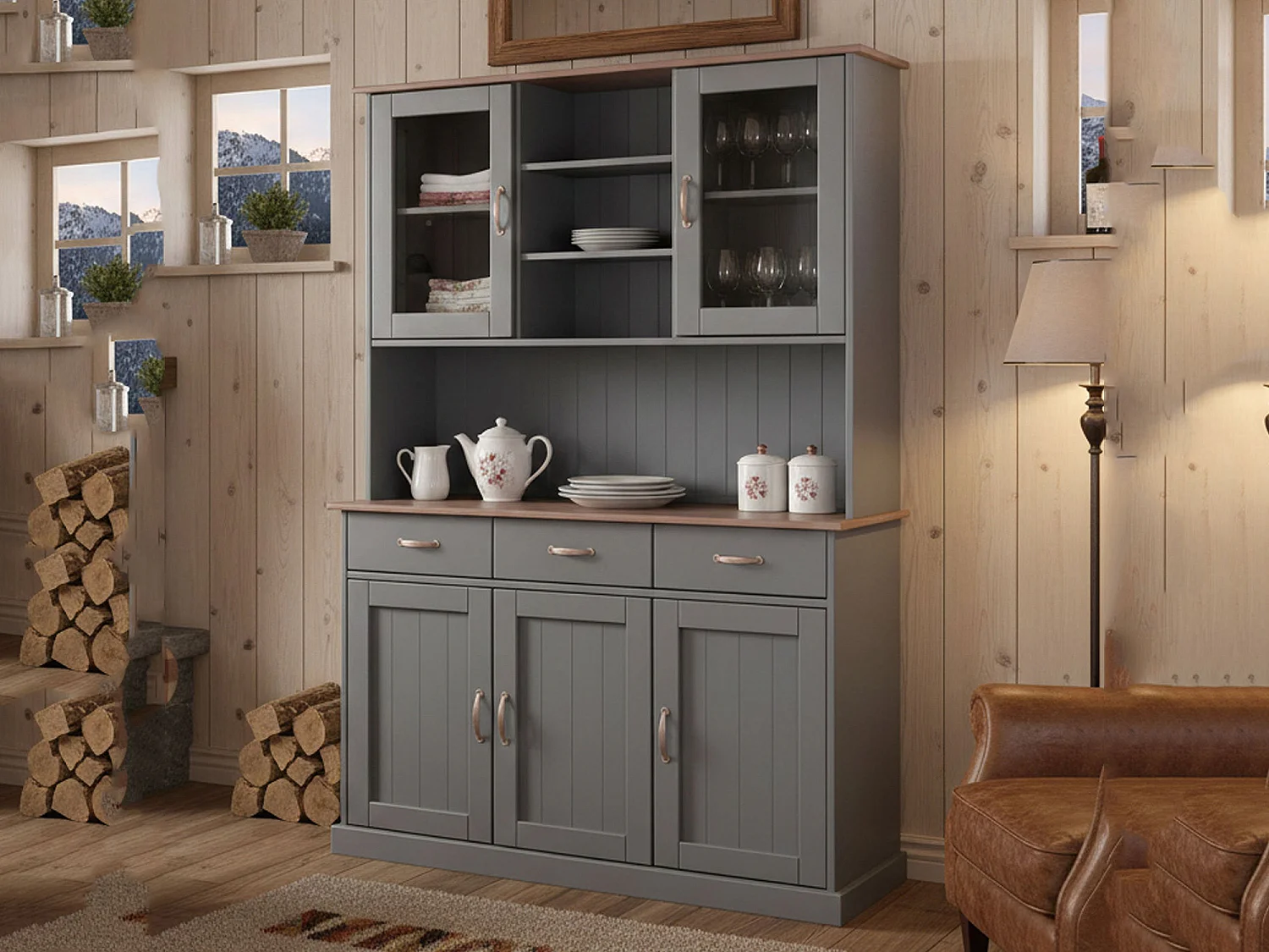 Credenza Castana, 3 Cassetti, 131x45x191h cm Grigio, Madia, 6 Ripiani, Apertura Battente, Scorrevole