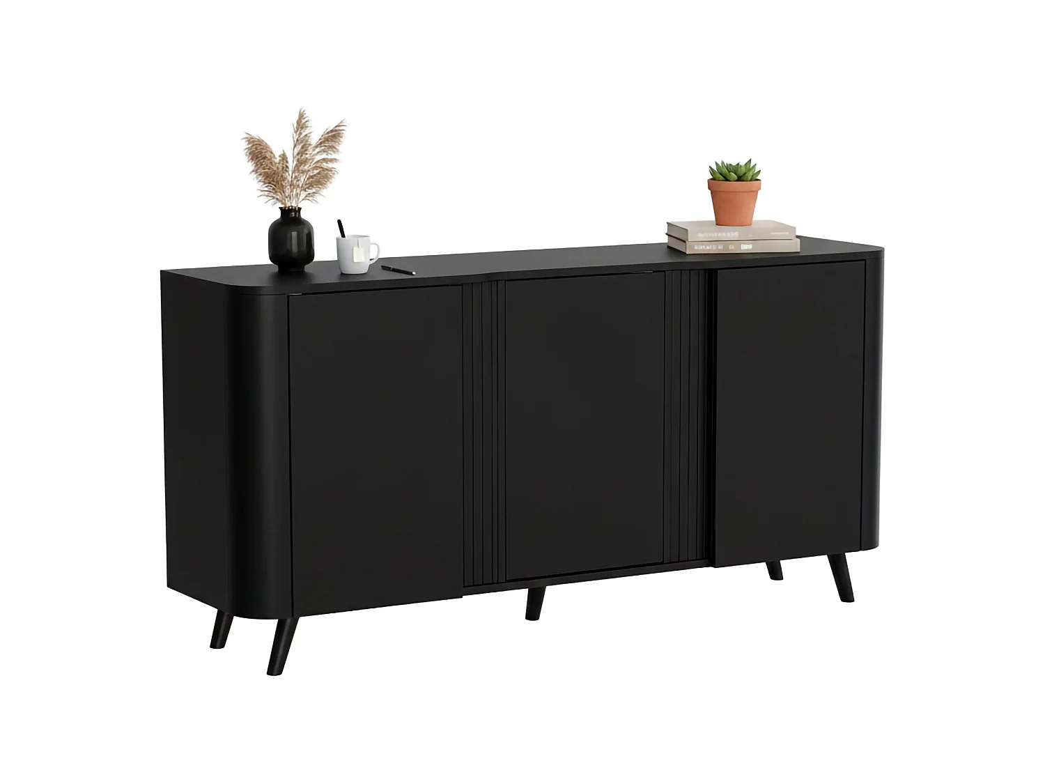 Dressoir Loreo, 3 planken, 151x42x70h cm zwart, buffetkast, 3 deuren, 6 vakken
