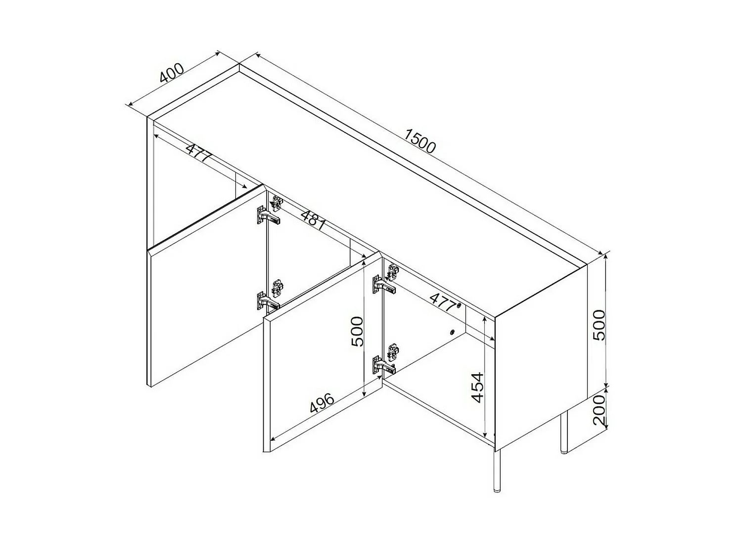 Dressoir Verrone, één legplank, 150x40x70h cm groen, buffetkast, 3 vakken, 3 deuren