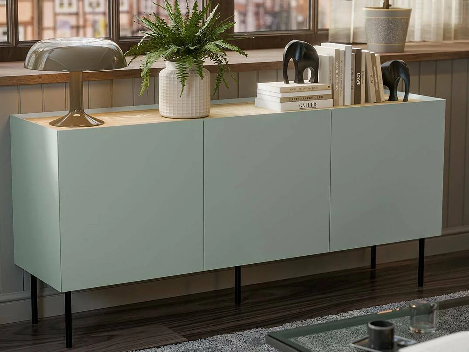 Dressoir Verrone, één legplank, 150x40x70h cm groen, buffetkast, 3 vakken, 3 deuren