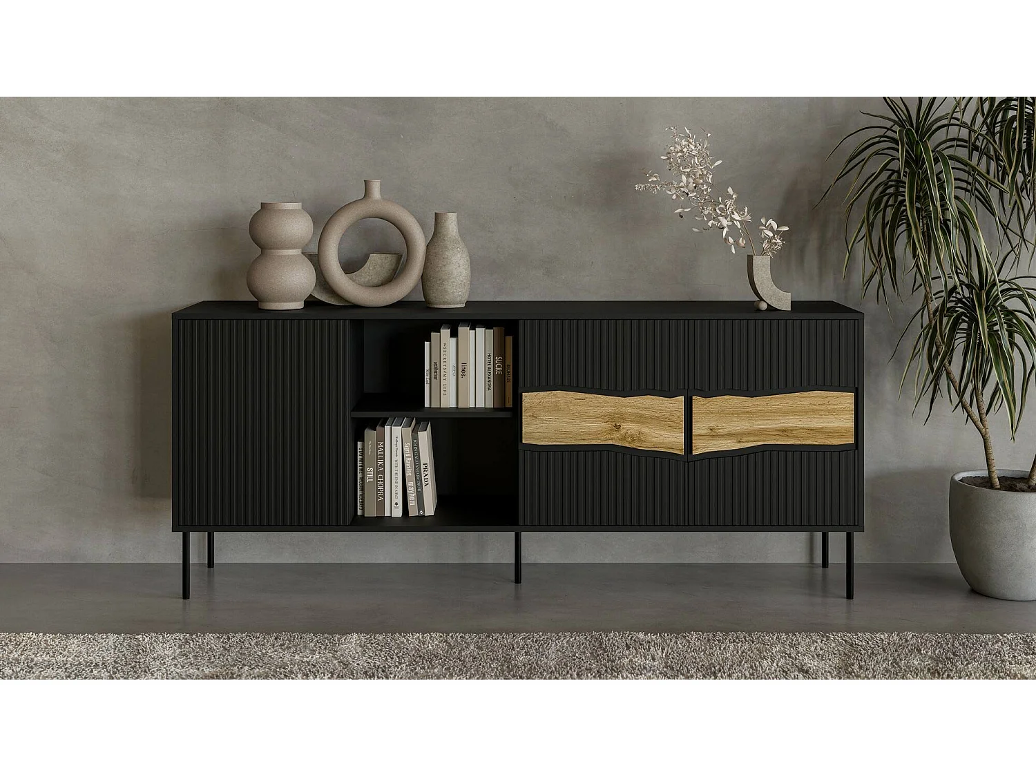 Buffet Viseu, une étagère, 40x190x80h cm noir, Bahut