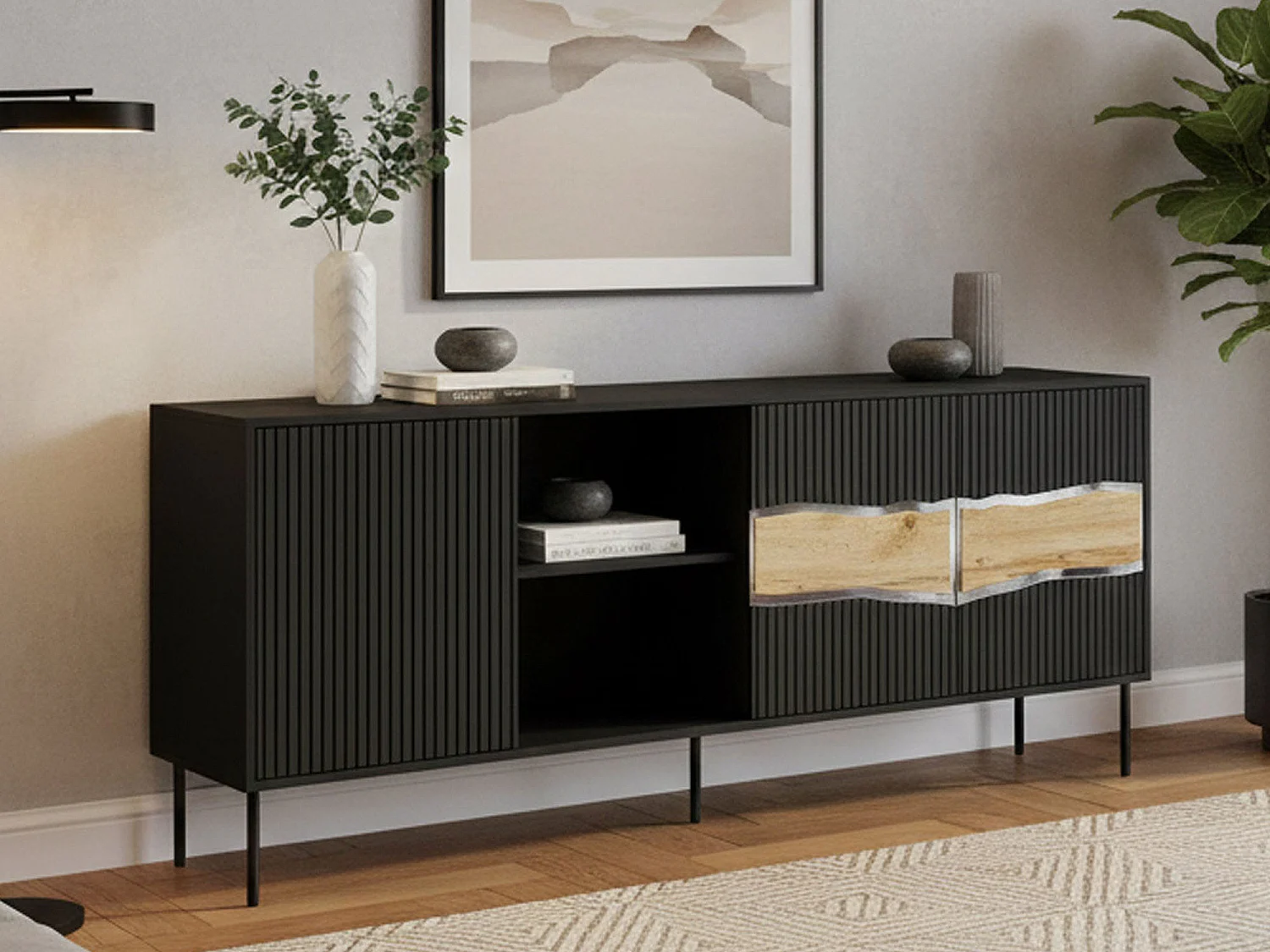 Buffet Viseu, une étagère, 40x190x80h cm noir, Bahut