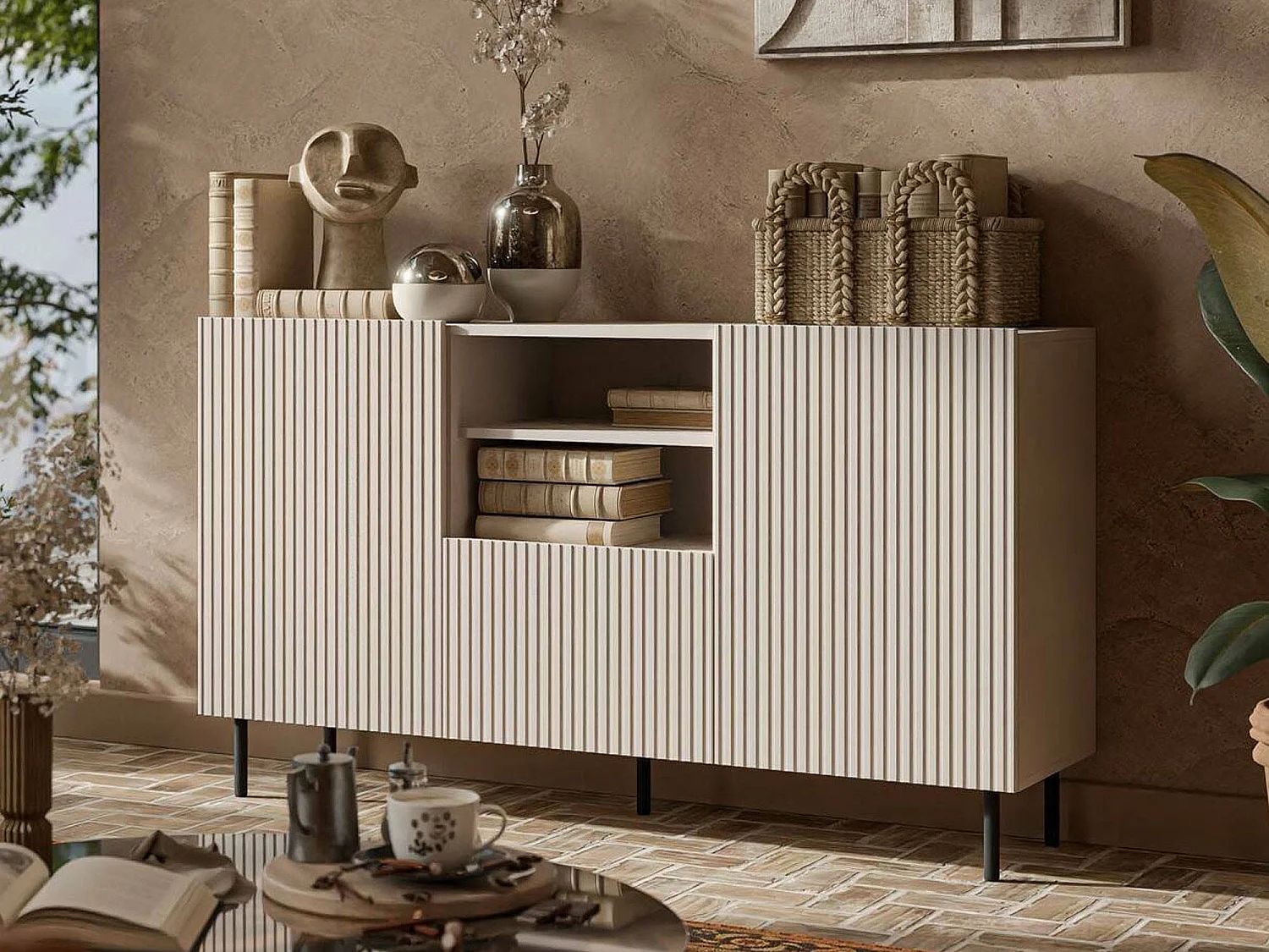 Buffet Chaves, 4 étagères, 42x150x82h cm Beige, Bahut