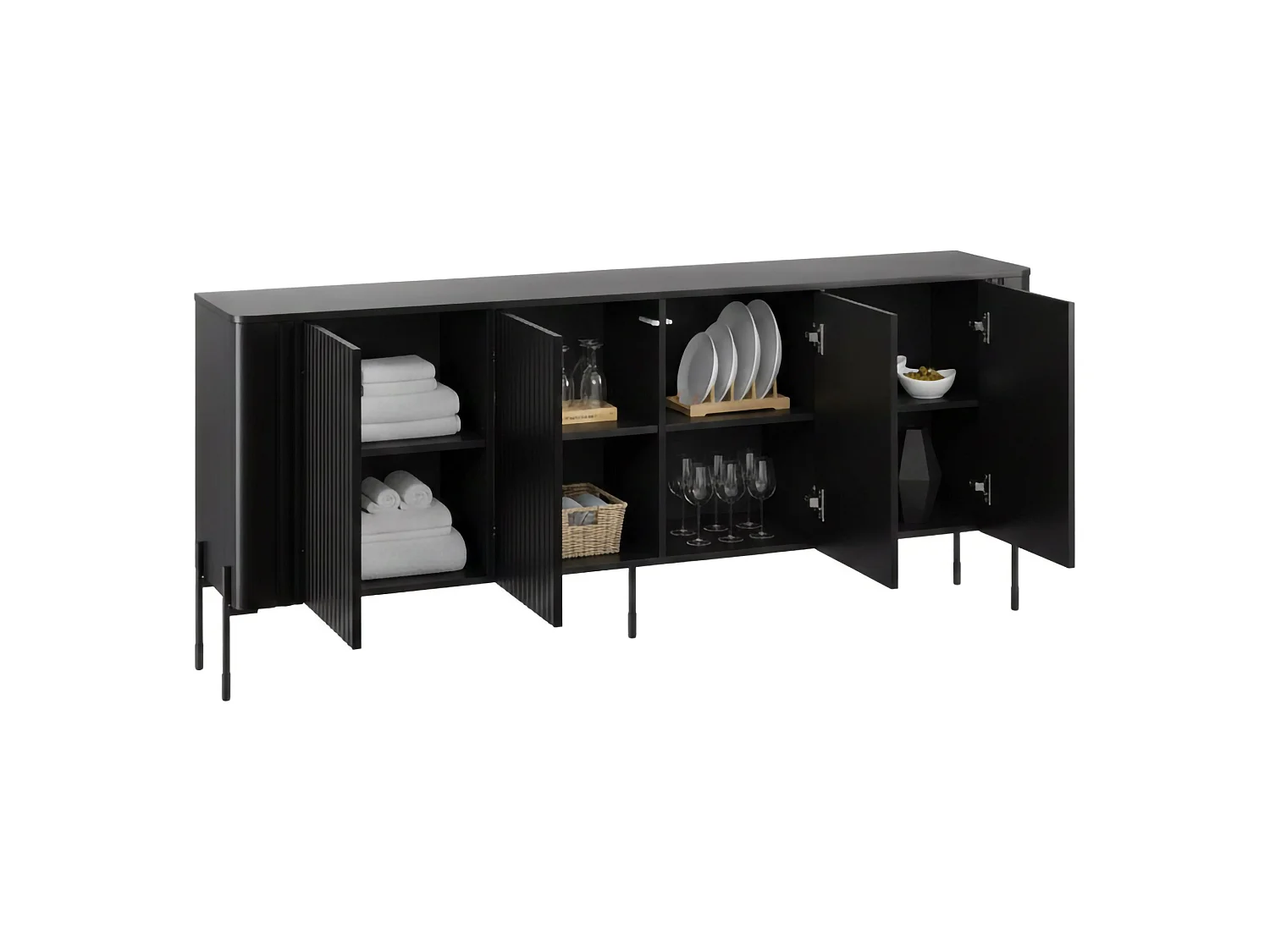 Buffet Anadia, 4 Étagères, 39,6x190x80h cm Noir, Commode