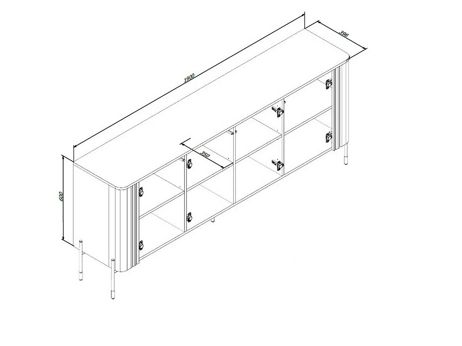 Buffet Anadia, 4 Étagères, 39,6x190x80h cm Noir, Commode