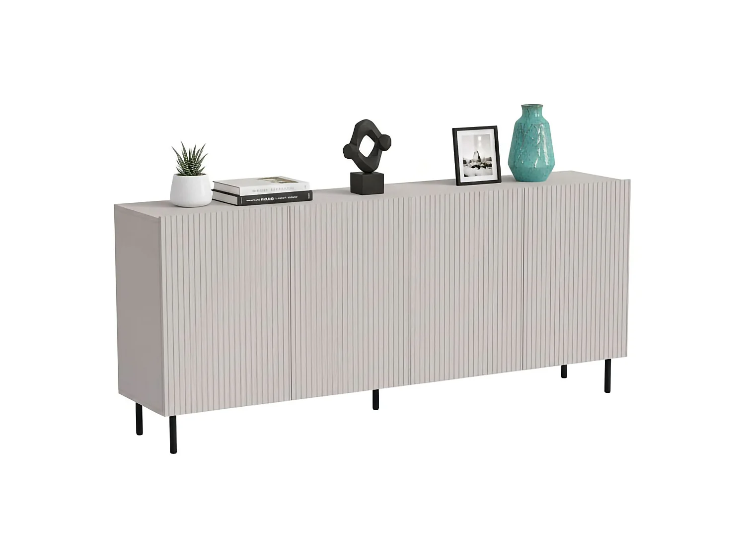 Dressoir Corana, 4 planken, 200x42x82h cm beige, buffetkast, 4 deuren, 8 vakken
