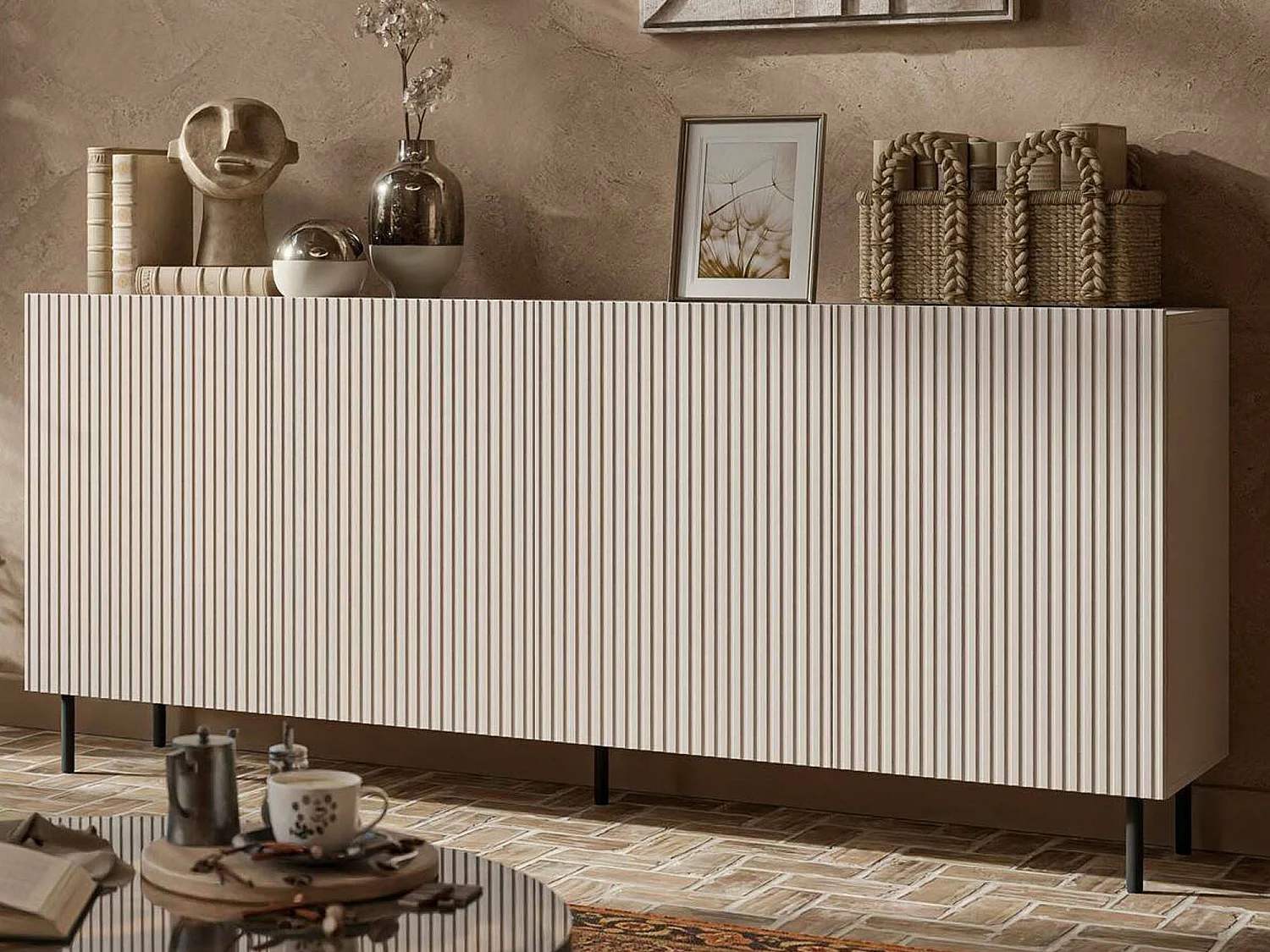 Dressoir Corana, 4 planken, 200x42x82h cm beige, buffetkast, 4 deuren, 8 vakken