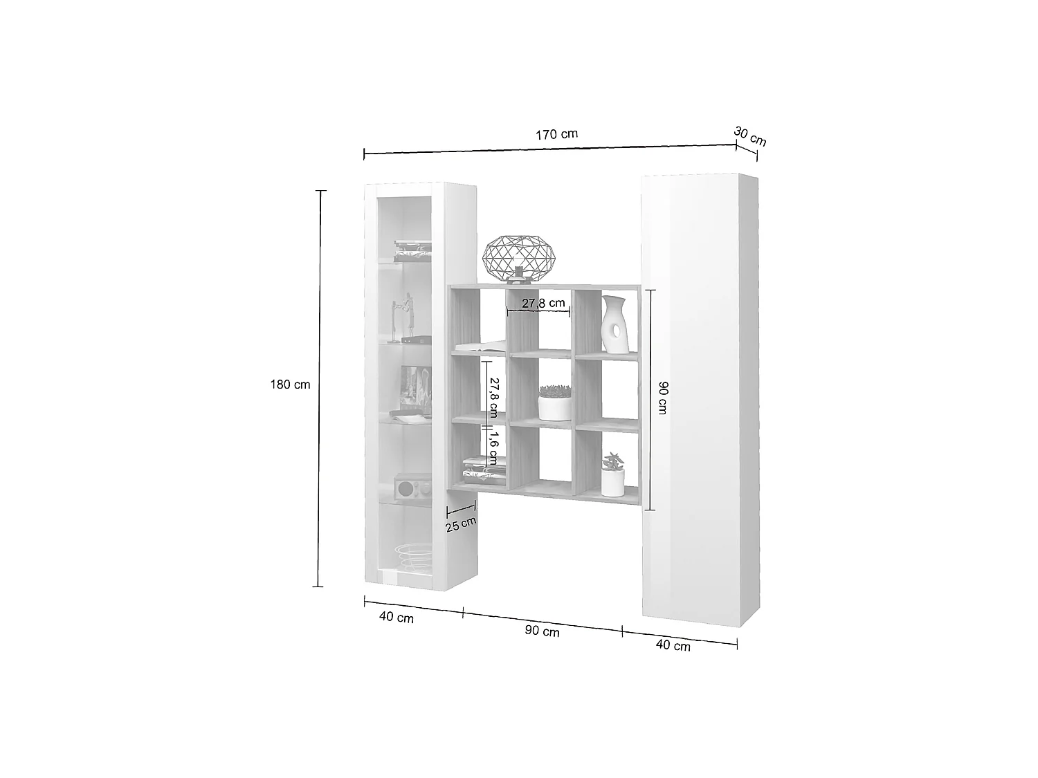 Colonno dressoir, 14 planken, gemaakt in Italië, 40x30x180h cm wit, 2 deuren, 19 vakken