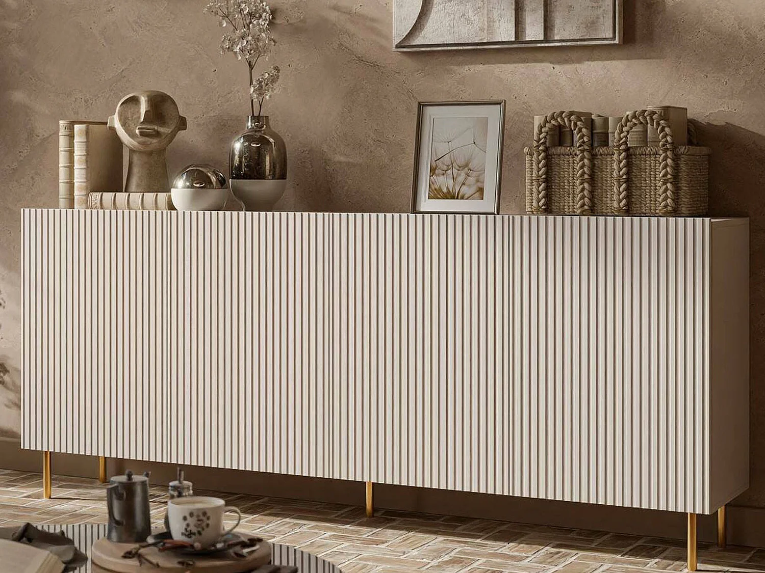 Buffet Cartaxo, 4 étagères, 42x200x82h cm Beige, Commode