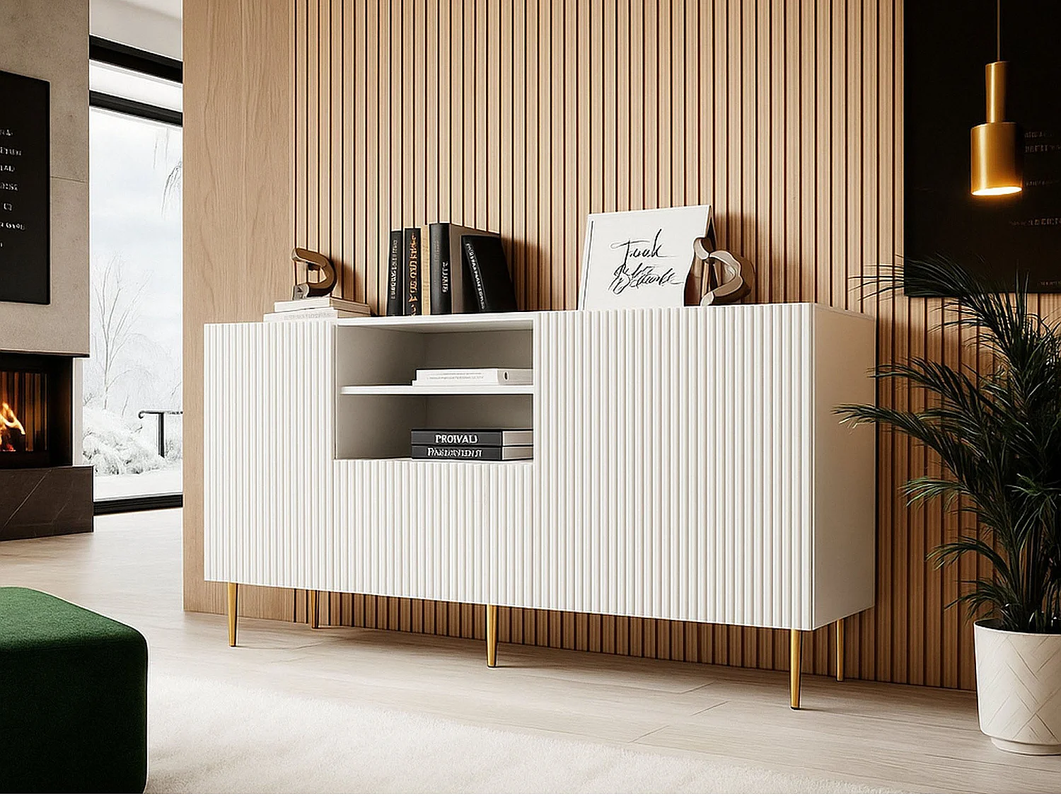 Dressoir Stornara, 4 planken, 150x42x82h cm wit, buffetkast, één lade, 2 deuren