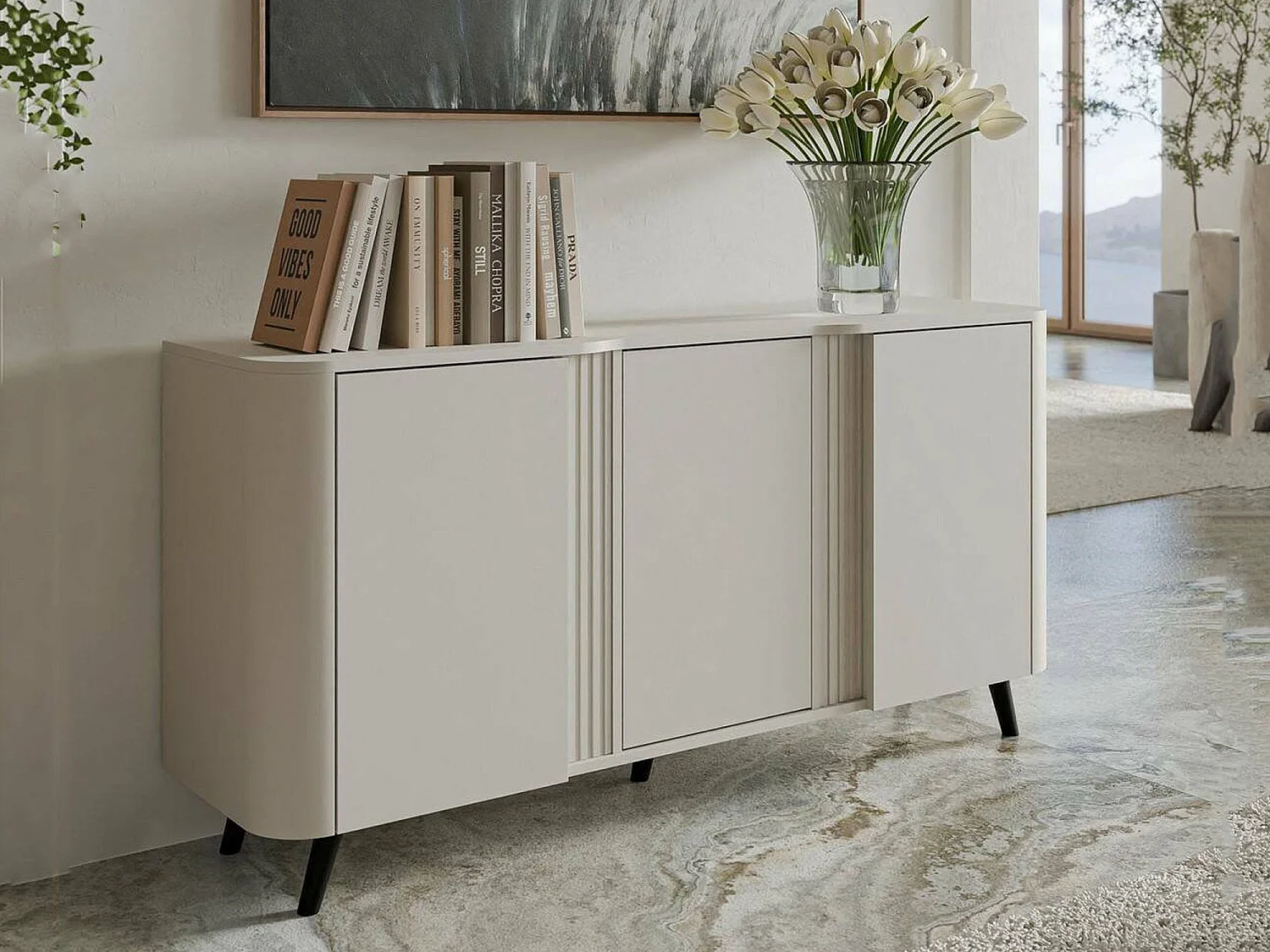 Dressoir Loreo, 3 planken, 151x42x70h cm beige, buffetkast, 3 deuren, 6 vakken