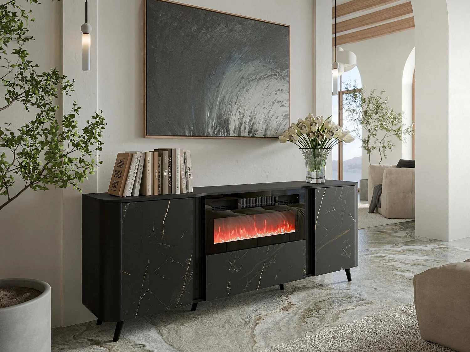 Aparador Briano, 2 estantes, 191x40x69h cm Blanco Mármol, bufé, 3 puertas, 5 compartimentos