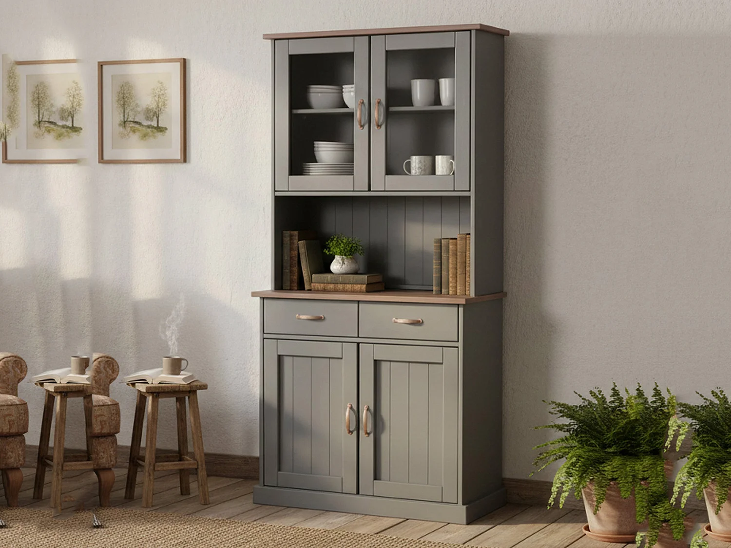 Credenza Milzano, 2 Cassetti, 90x45x190h cm Grigio, Madia, 2 Ripiani, Apertura Battente