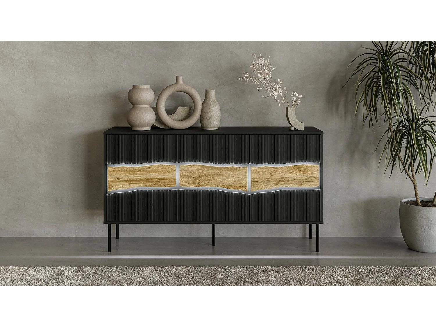Buffet Xira, une Étagère, 40x143,5x80h cm Noir, Bahut