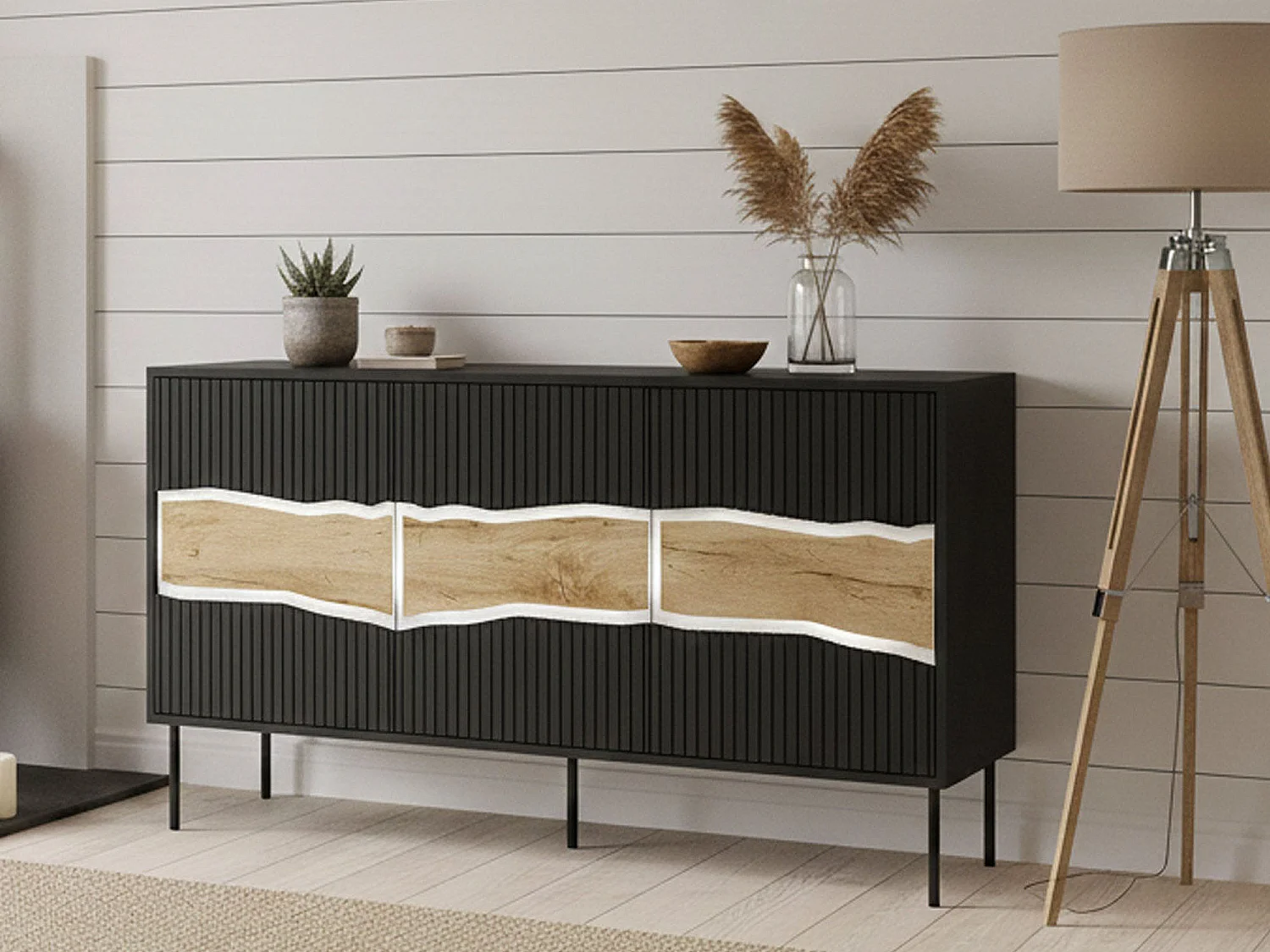 Buffet Xira, une Étagère, 40x143,5x80h cm Noir, Bahut