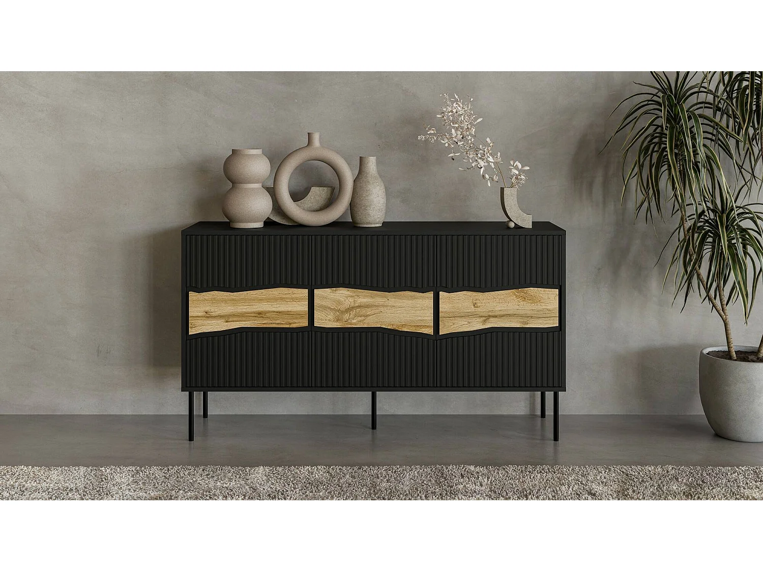 Buffet Xira, une Étagère, 40x143,5x80h cm Noir, Bahut