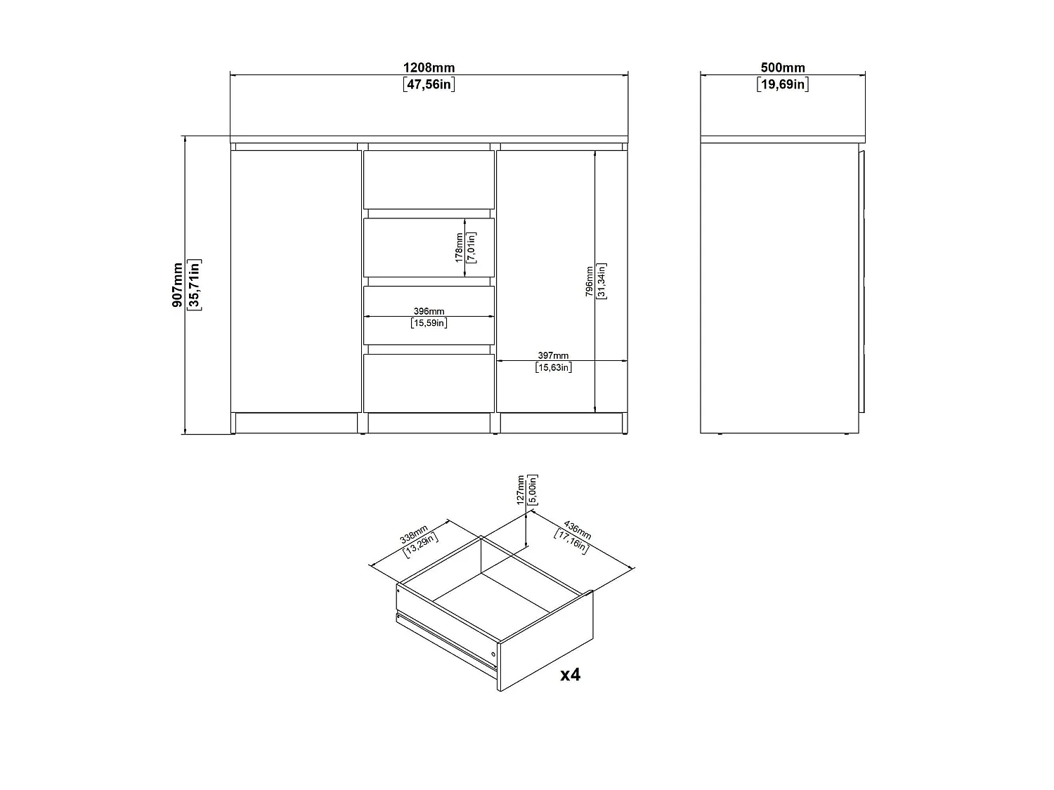 Buffet Qorina, 2 Étagères, 50x120,8x90,7h cm Beige, Enfilade
