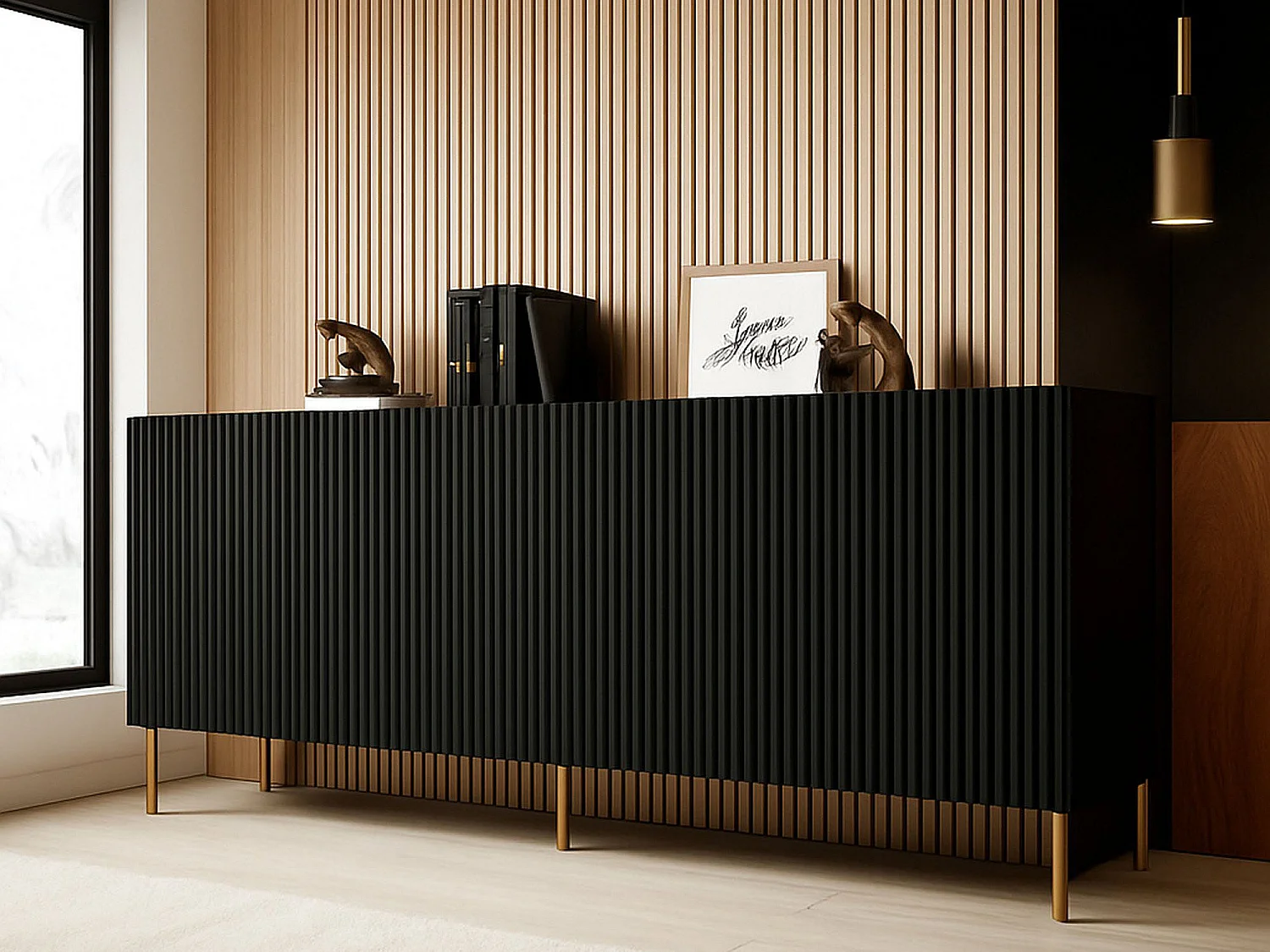 Buffet Cartaxo, 4 Étagères, 42x200x82h cm Noir, Bahut