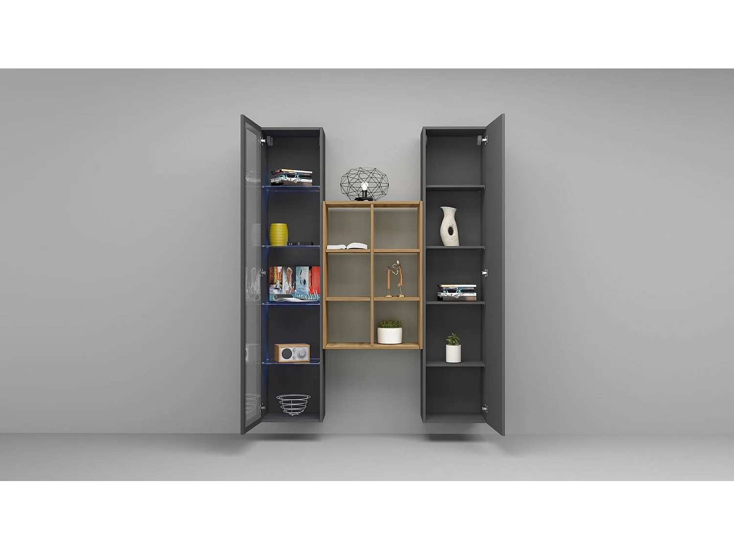 Crédence Gastone, 8 Étagères Made in Italy, 30x40x180h cm Noir Anthracite, Bahut