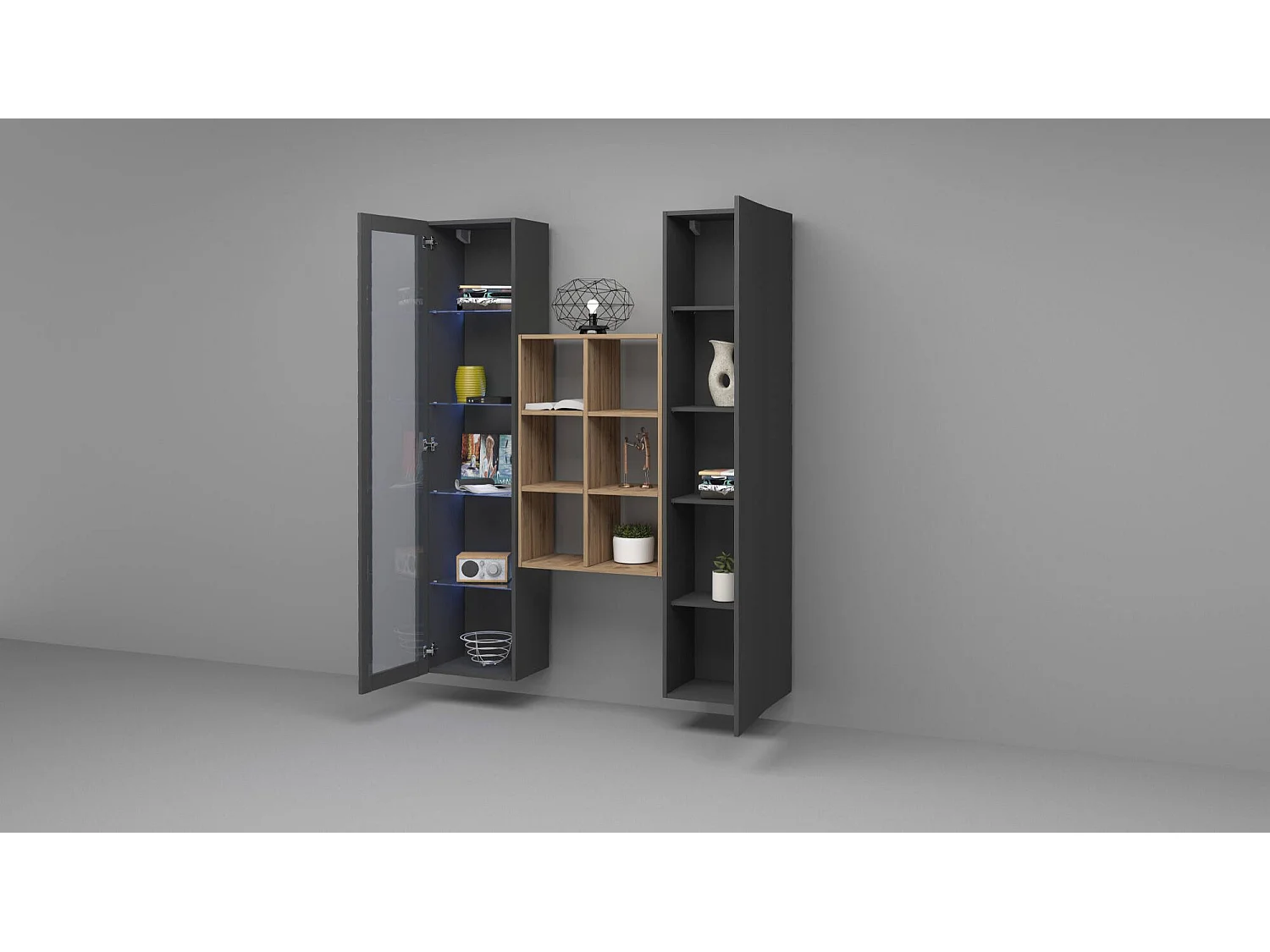 Crédence Gastone, 8 Étagères Made in Italy, 30x40x180h cm Noir Anthracite, Bahut