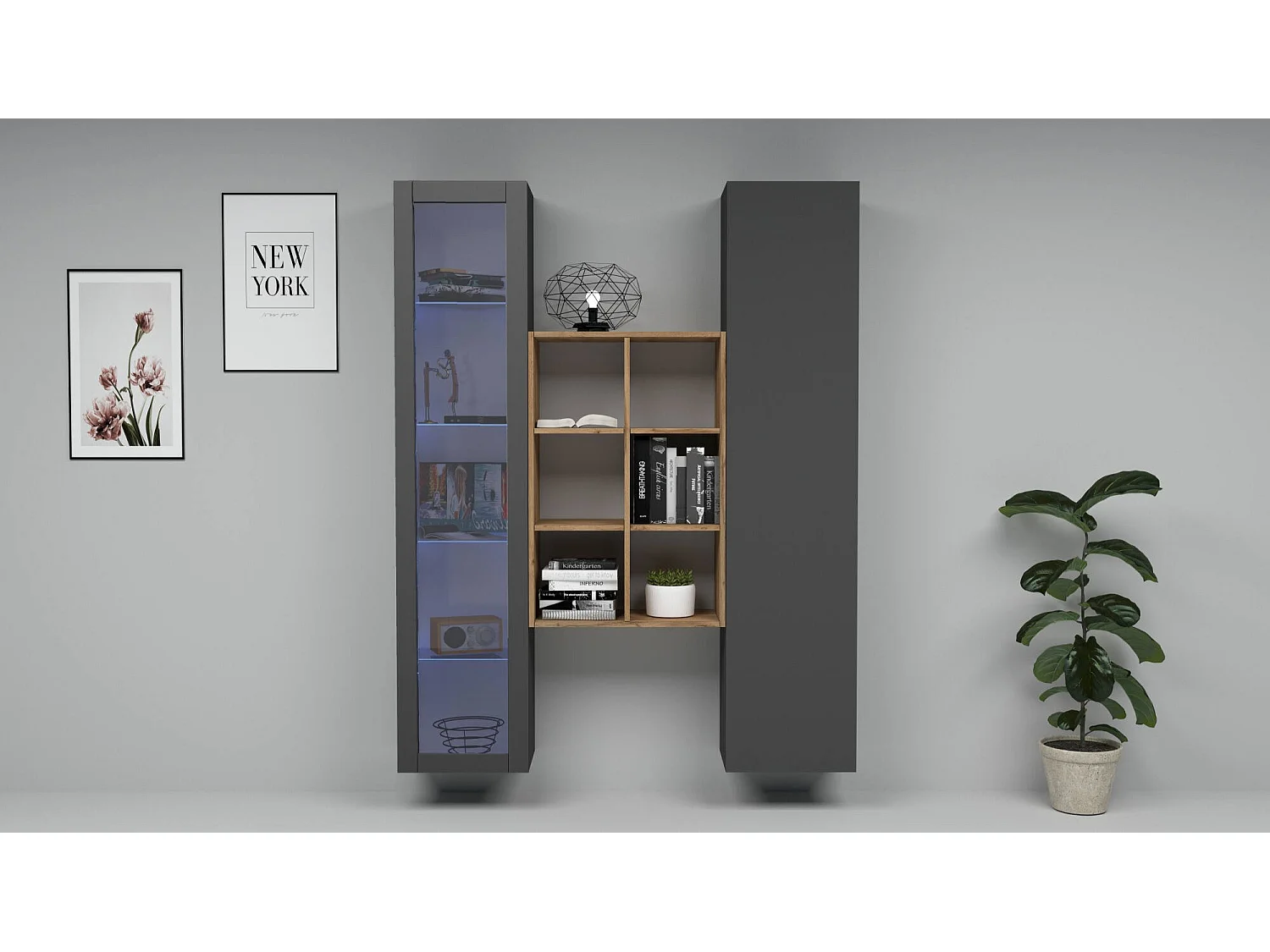 Crédence Gastone, 8 Étagères Made in Italy, 30x40x180h cm Noir Anthracite, Bahut