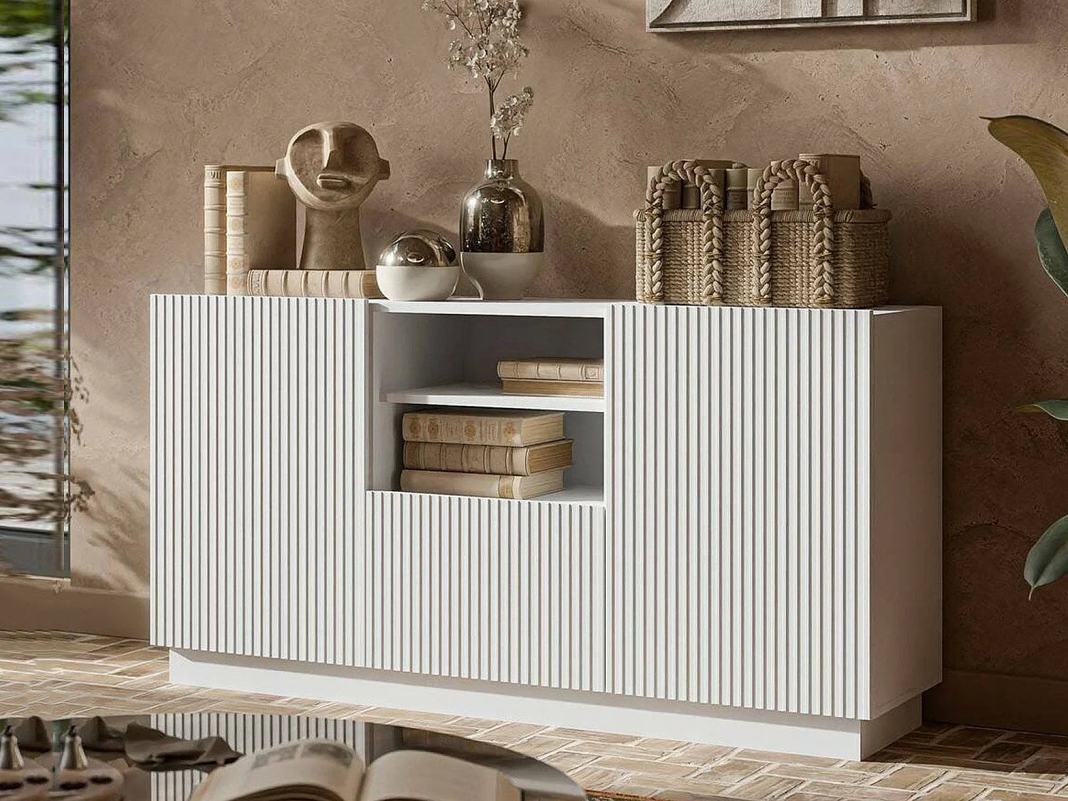 Aparador Serchio, 4 estantes, 150x40x78h cm blanco, un cajón, 2 puertas