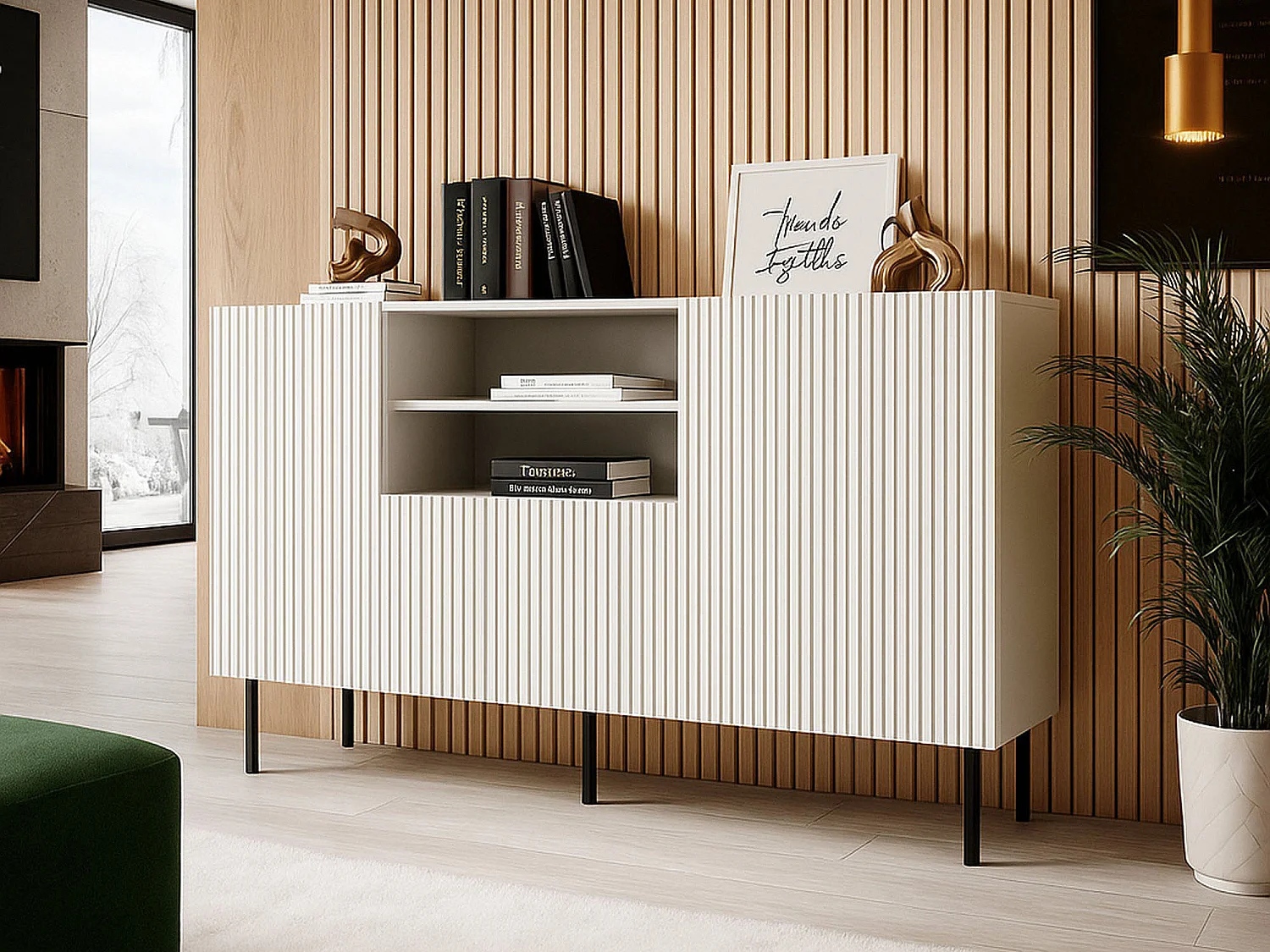 Buffet Chaves, 4 étagères, 42x150x82h cm Blanc, Bahut