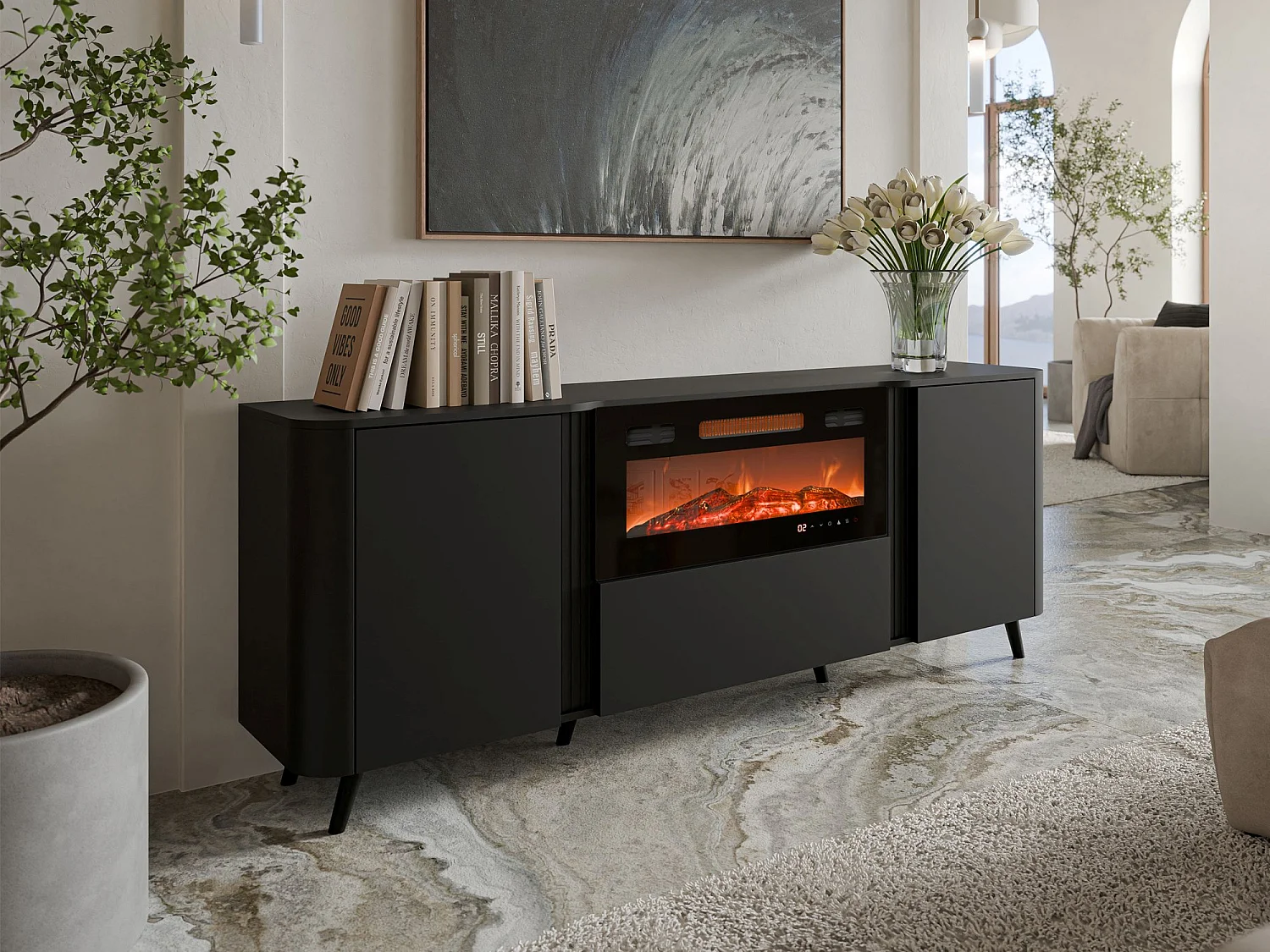 Buffet Santarem, Tiroirs, 40x190,5x68,9h cm Noir, Enfilade