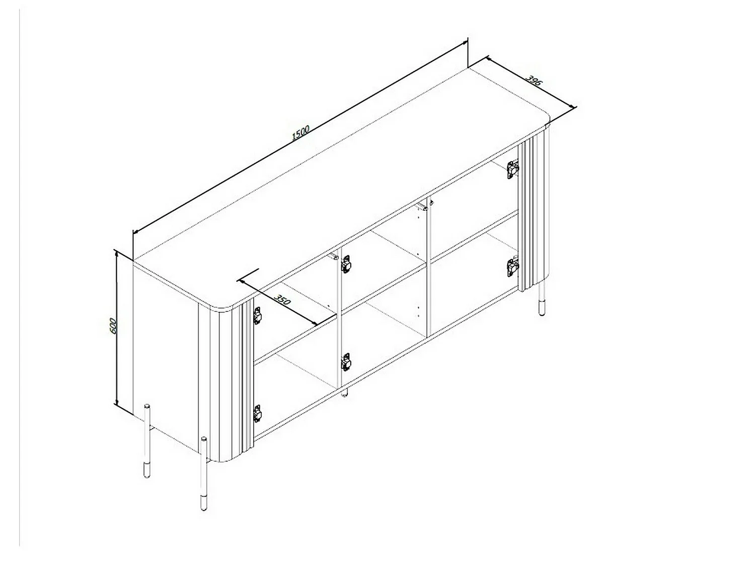 Dressoir Susegana, 3 planken, 150x40x80h cm beige, buffetkast, 3 deuren, 6 vakken