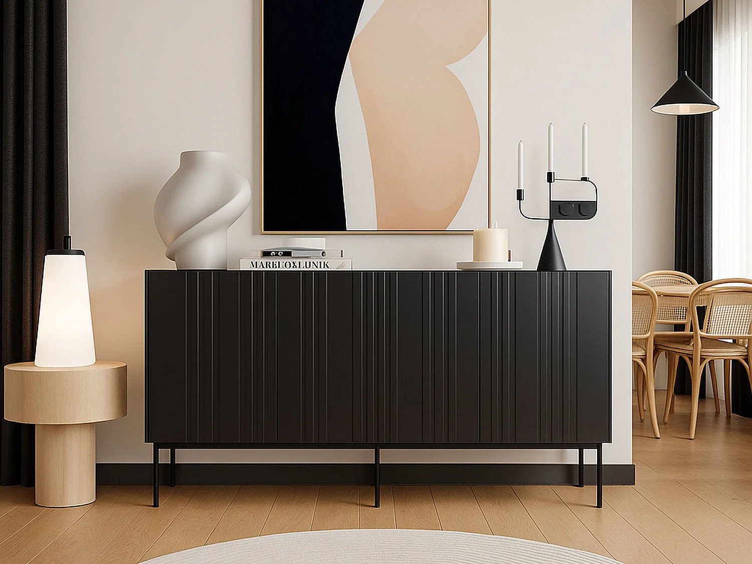 Buffet Torres, une Étagère, 42x150,5x75h cm Noir, Enfilade