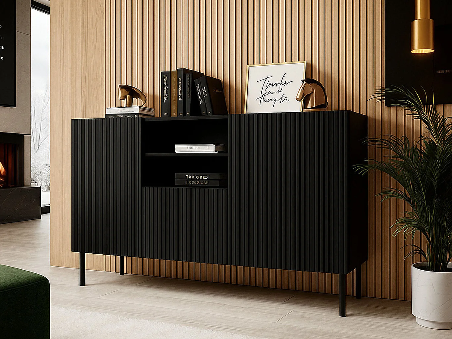 Buffet Chaves, 4 étagères, 42x150x82h cm Noir, Commode